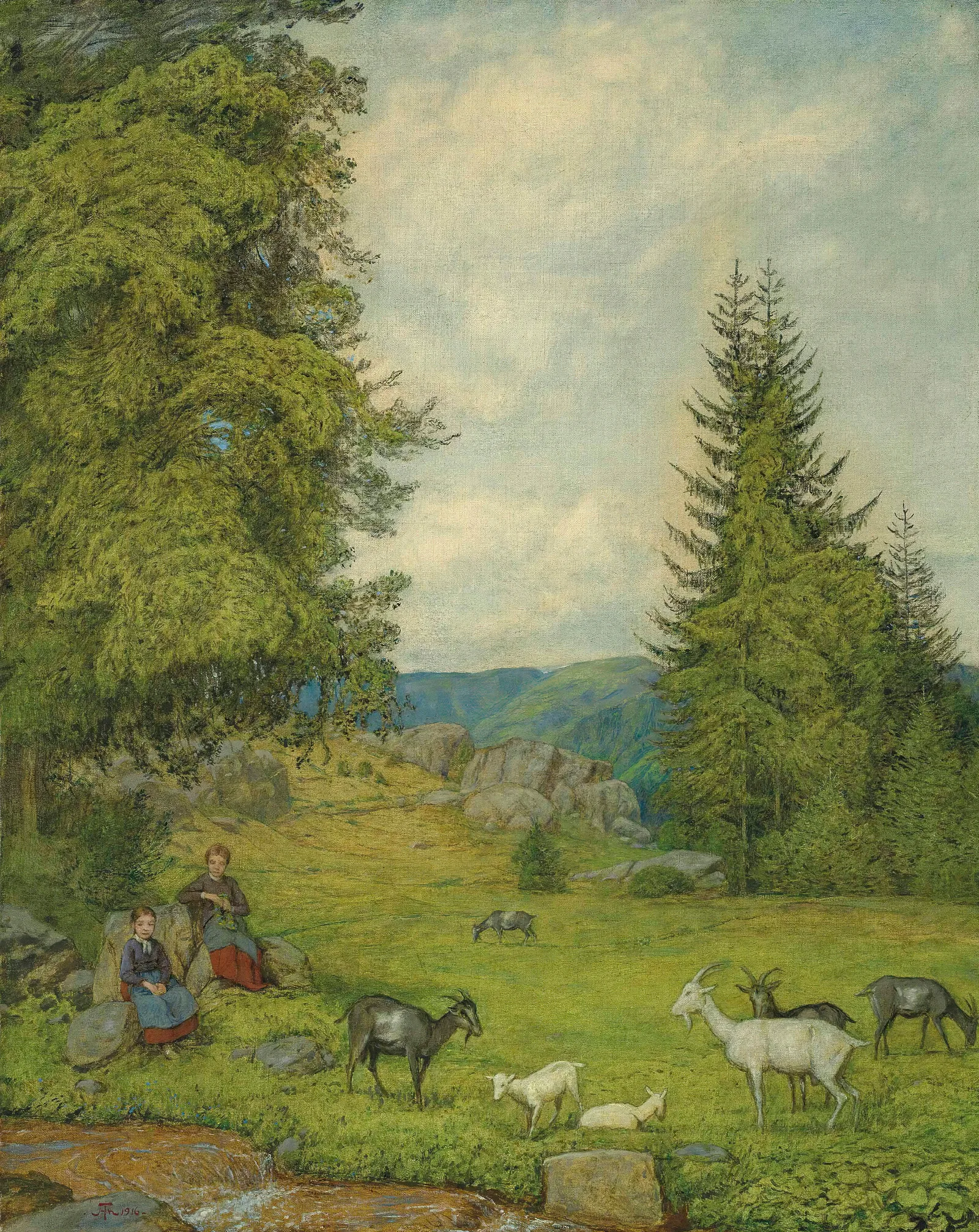 Kinder Mit Ziegenherd Wall Art by Hans Thoma - Canvas Print