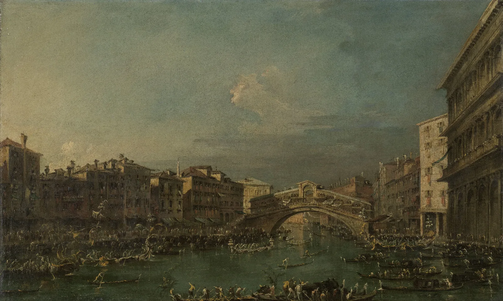 Regatta On The Grand Canal Near The Rialto Bridge Venice Wall Art by Francesco Guardi - Canvas Print