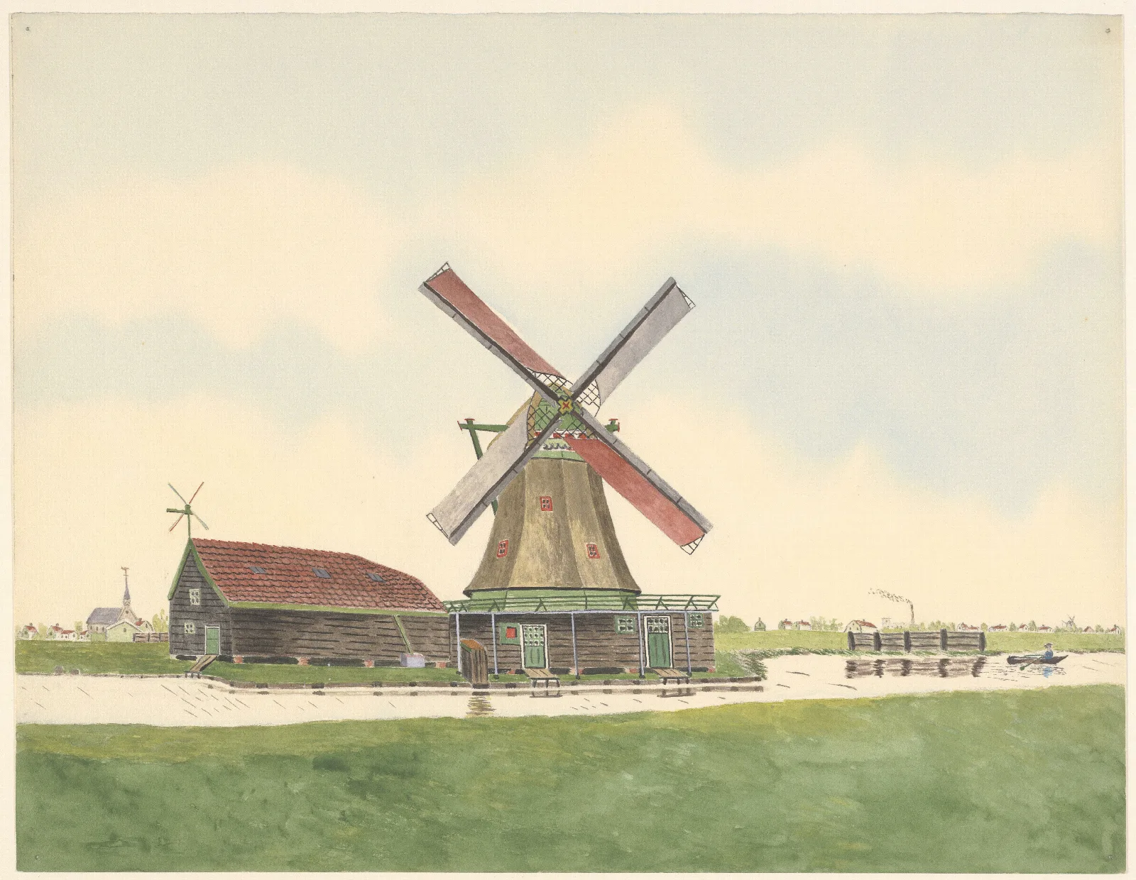 Oliemolen Het Jonge Big Met Stilletje Boven Het Water Op De Achtergrond Links Een Kerk Wall Art by Johannes Nicolaas Eijman - Canvas Print