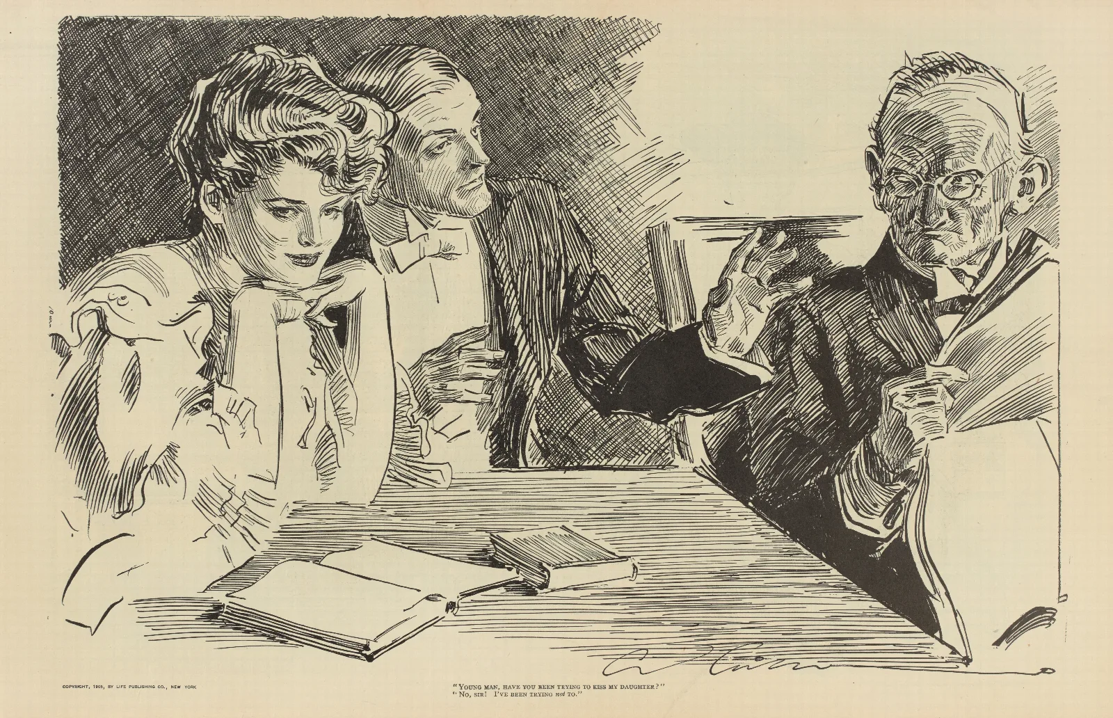 Young Man Have You Been Trying To Kiss My Daughter Wall Art by Charles Dana Gibson - Canvas Print
