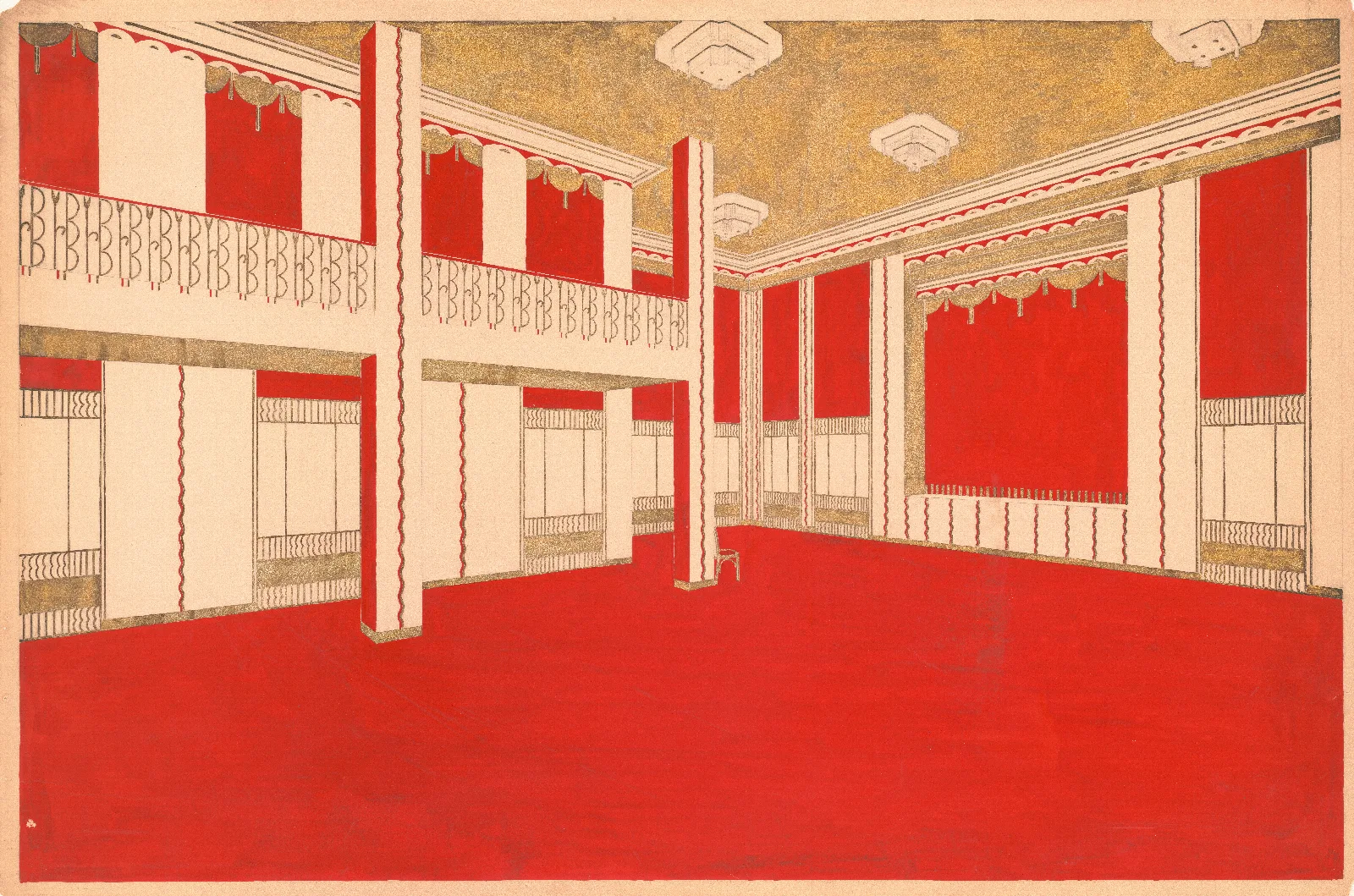 Design For Unidentified Ballroom Probably New York City Area Perspective Rendering In Vermillion And Gold Wall Art by Winold Reiss - Canvas Print
