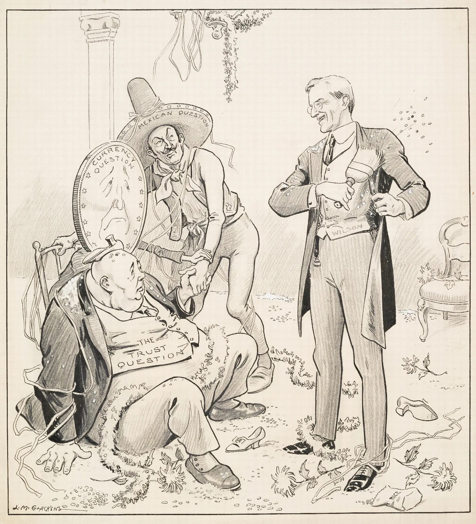 A Smiling President Woodrow Wilson Brushes Himself Off After A Wedding Party And Addresses Three Tired Figures Wall Art by Louis Glackens - Canvas Print