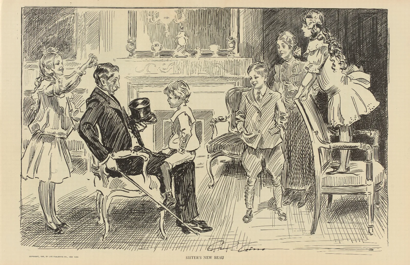 Sisters New Beau Wall Art by Charles Dana Gibson - Canvas Print