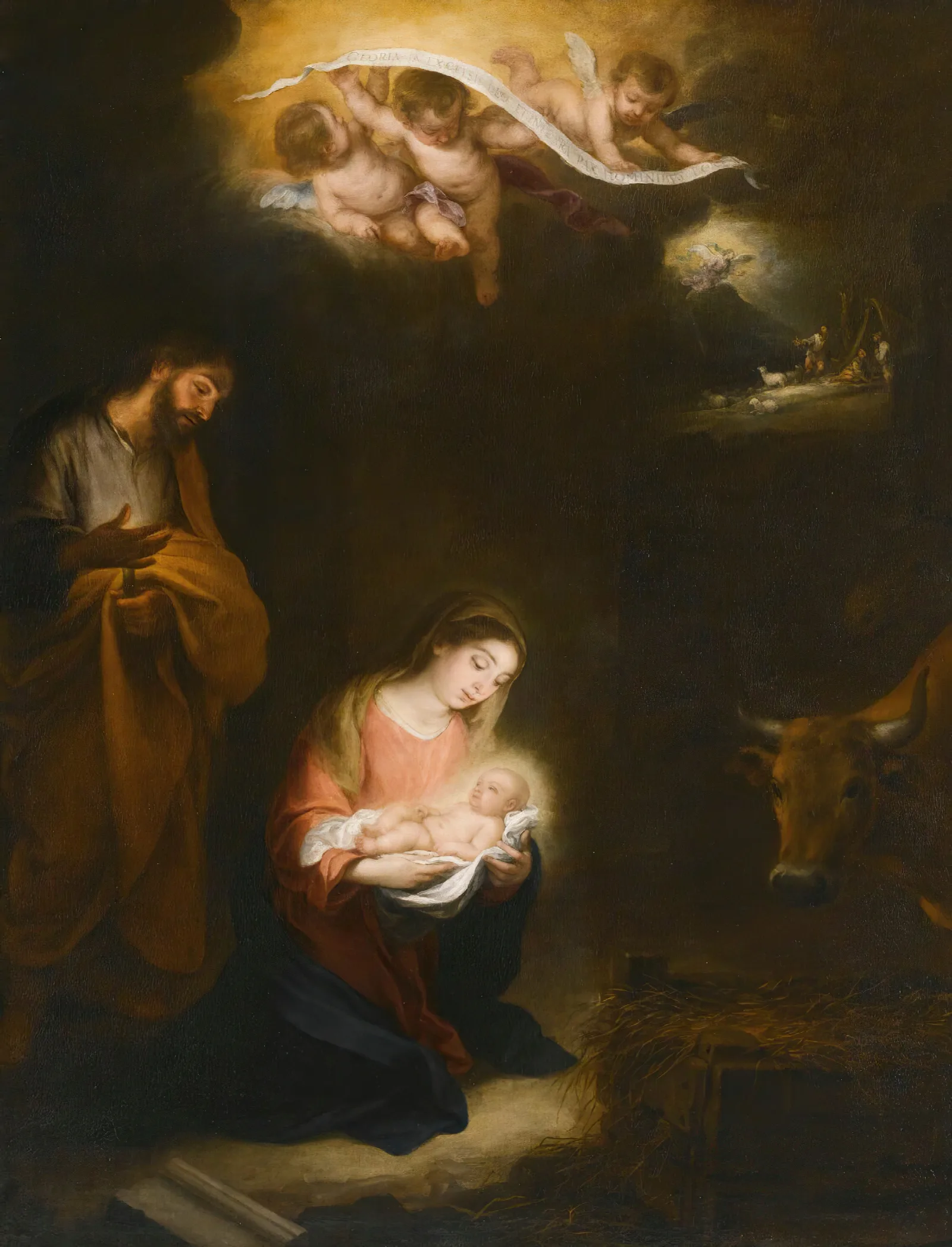 A Nocturnal Scene With The Nativity And The Annunciation To The Shepherds Beyond Wall Art by Bartolomé Estebán Murillo - Canvas Print