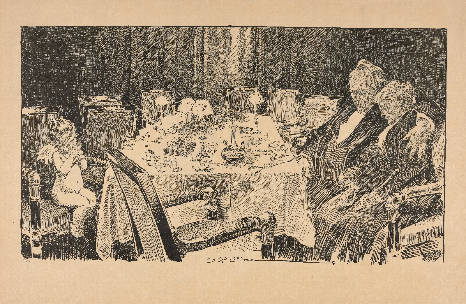 Putti Sips Champagne At Banquet Table Near Sleeping Elderly Couple Wall Art by Charles Dana Gibson - Canvas Print