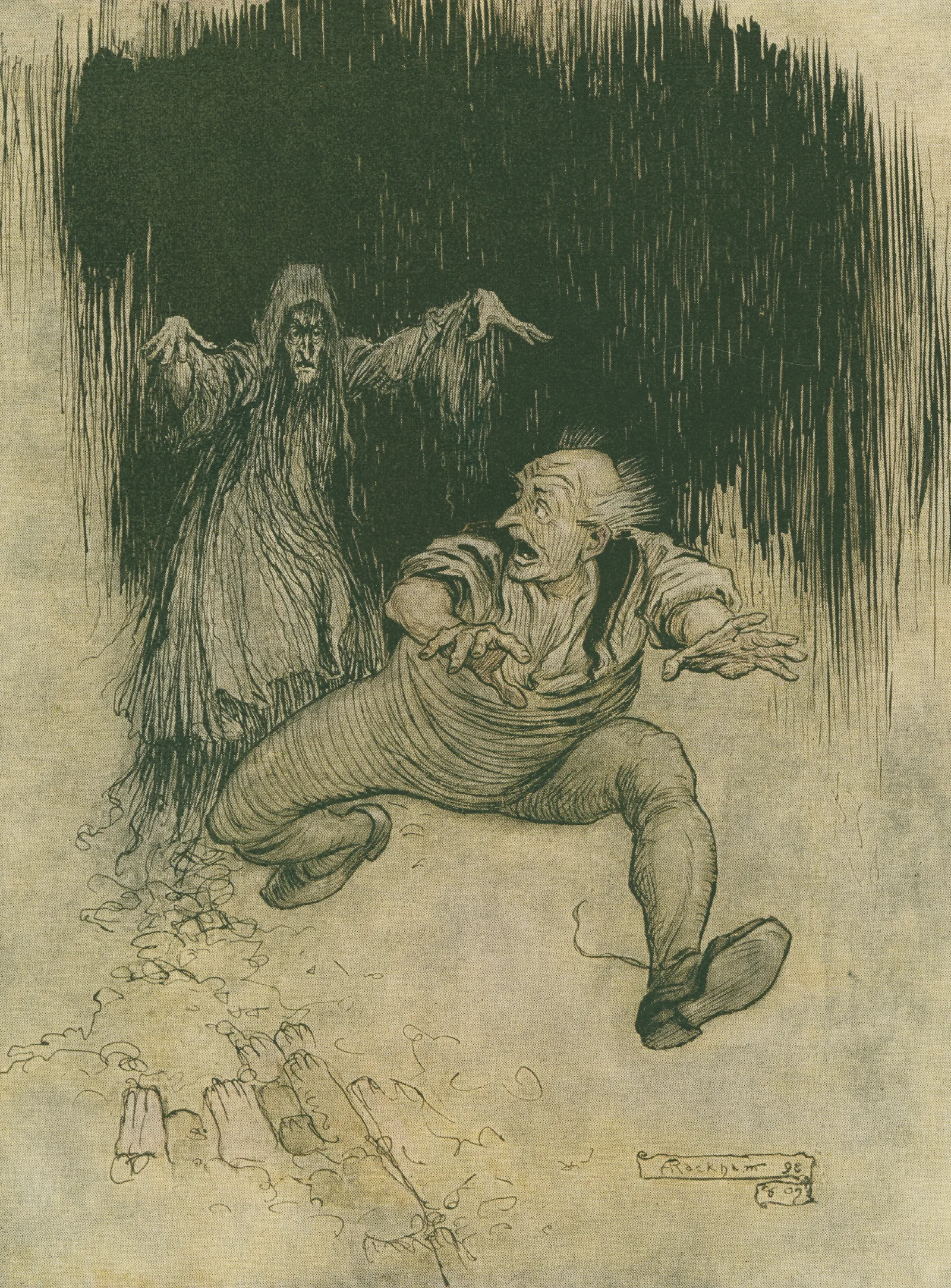 The Moment Her Shadowy Form Met His View He Made One Grasshopper Spring To The Door And Was Gone Wall Art by Arthur Rackham - Canvas Print