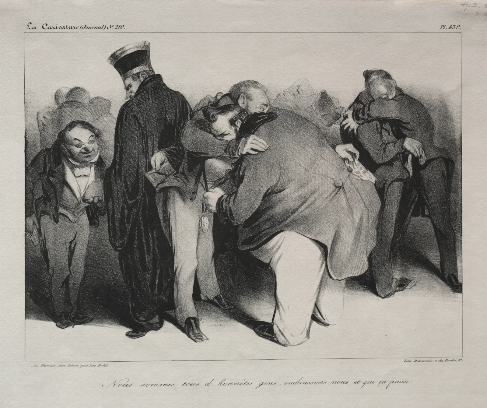 We Are All Honest Men So Let Us Embrace And Be Done With It Wall Art by Honoré Daumier - Canvas Print