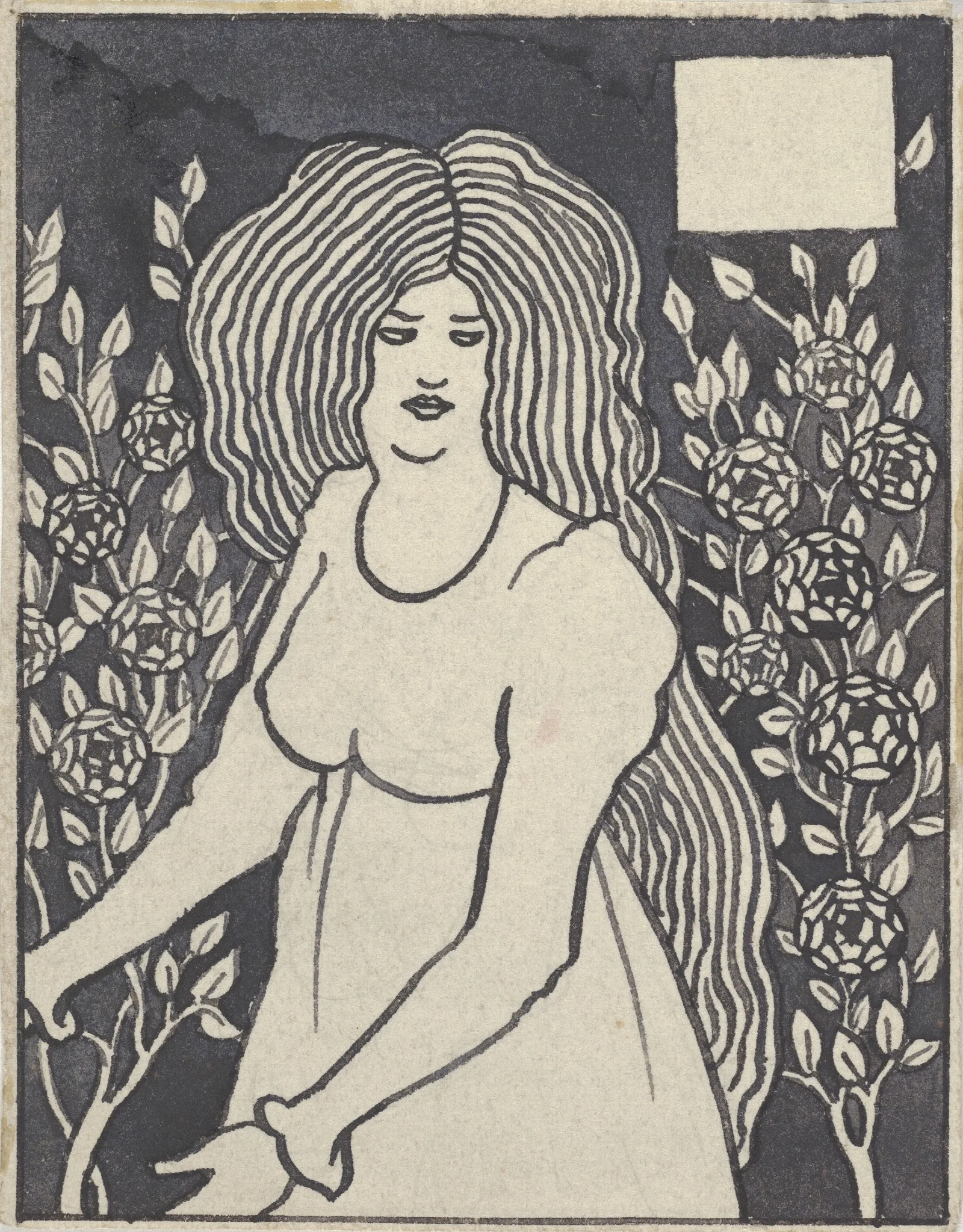 Long Haired Woman In Front Of Tall Rosebushes Wall Art by Aubrey Vincent Beardsley - Canvas Print