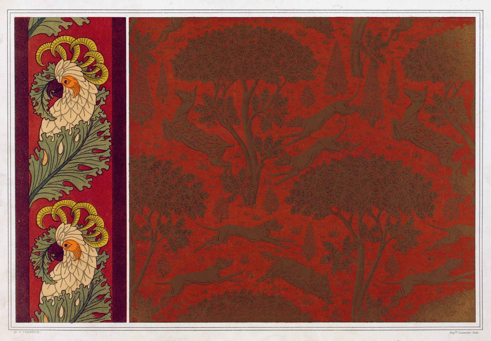 Cacatoes Bordure Chiens Chevrettes Et Marcassins Cuir Gaufre Et Dore Wall Art by Maurice Pillard Verneuil - Canvas Print