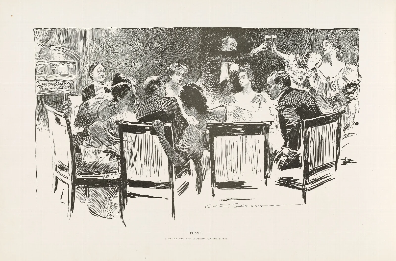 Puzzle Find The Man Who Is Paying For The Dinner Wall Art by Charles Dana Gibson - Canvas Print