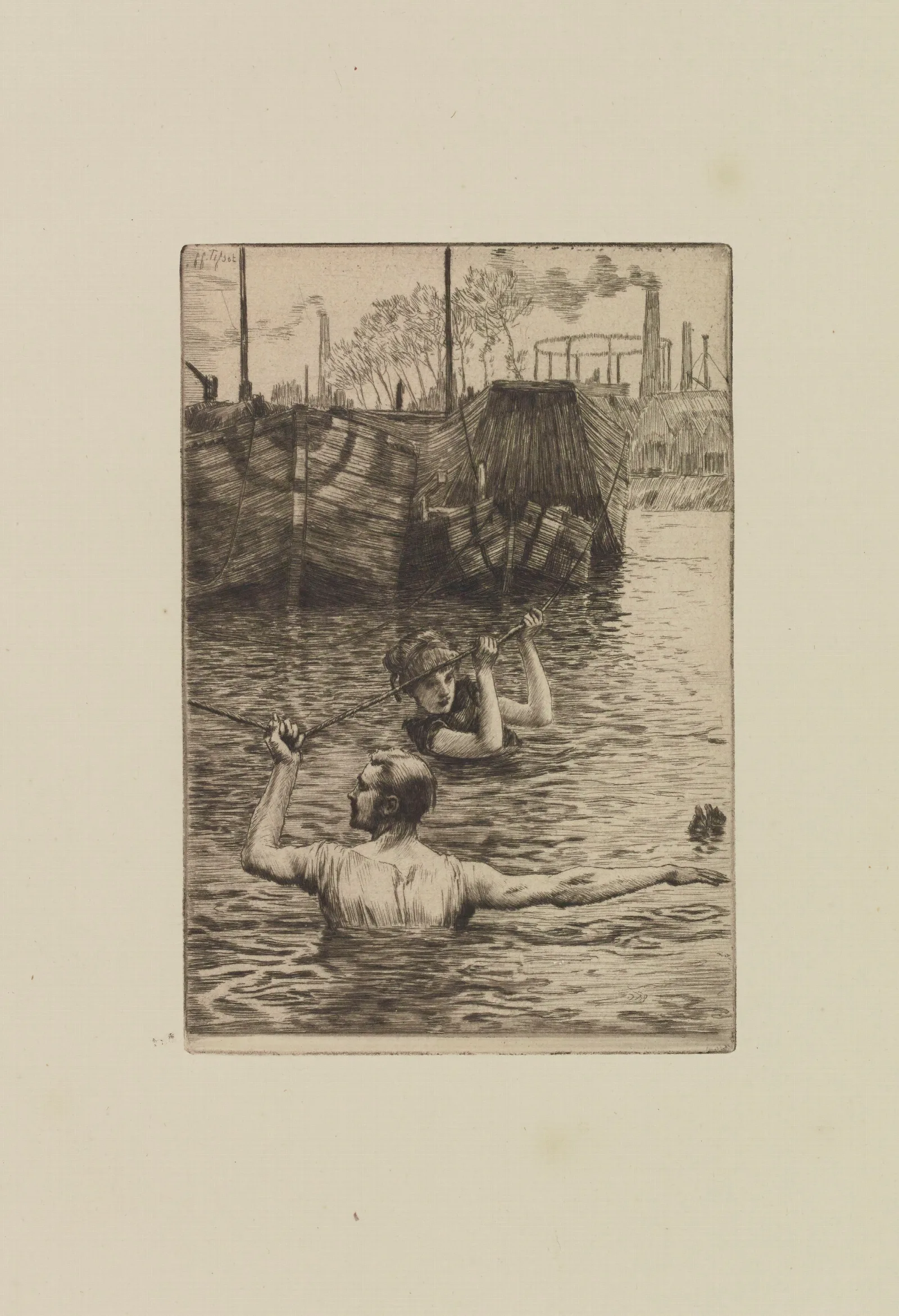 Renee And Reverchon Swimming In The Seine 2 Wall Art by James Tissot - Canvas Print
