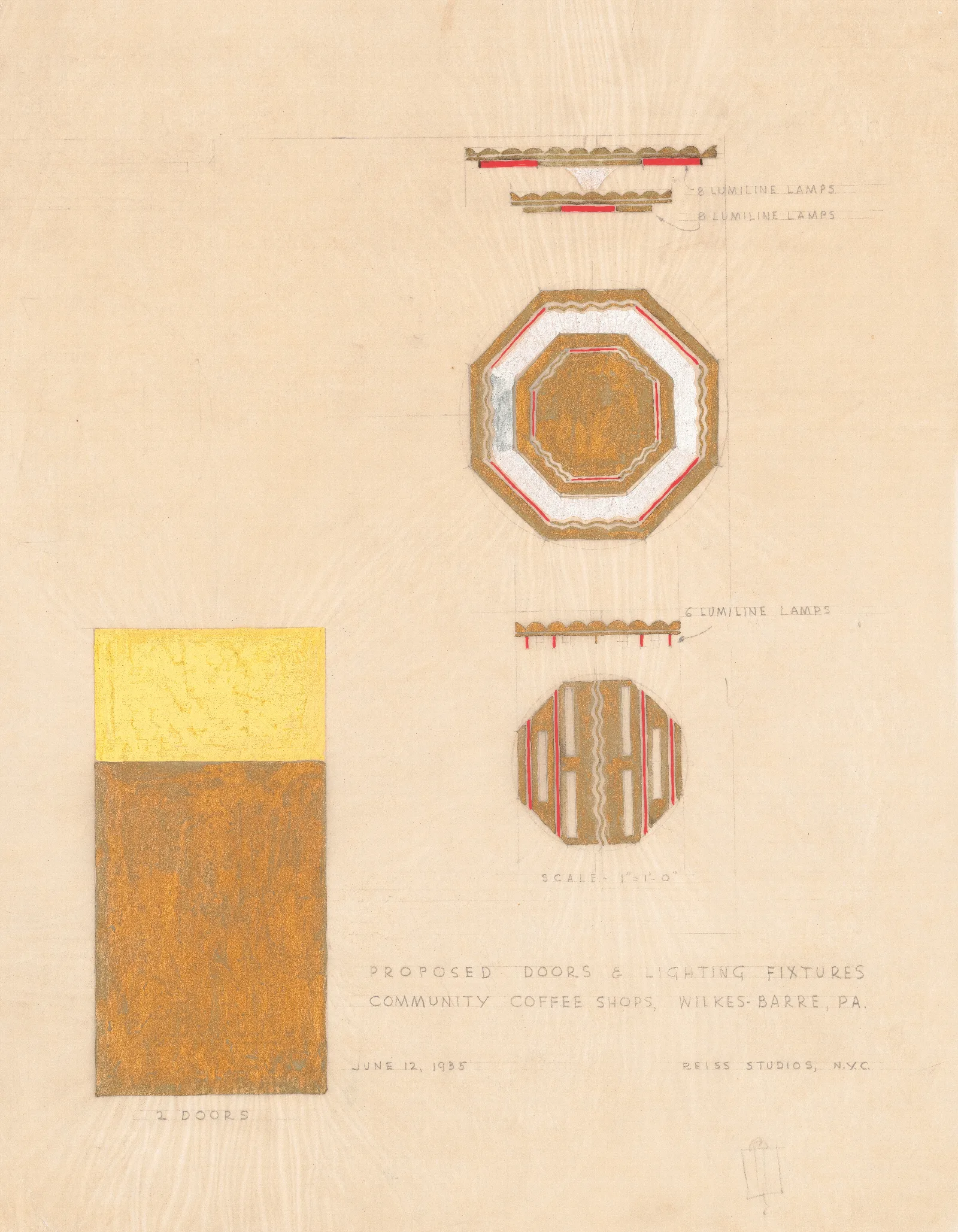 Design Drawings For Community Coffee Shops Wilkes Barre Pa Proposed Doors And Lighting Fixtures Lumiline Light Fixture And Door Elevations And Plan Wall Art by Winold Reiss - Canvas Print
