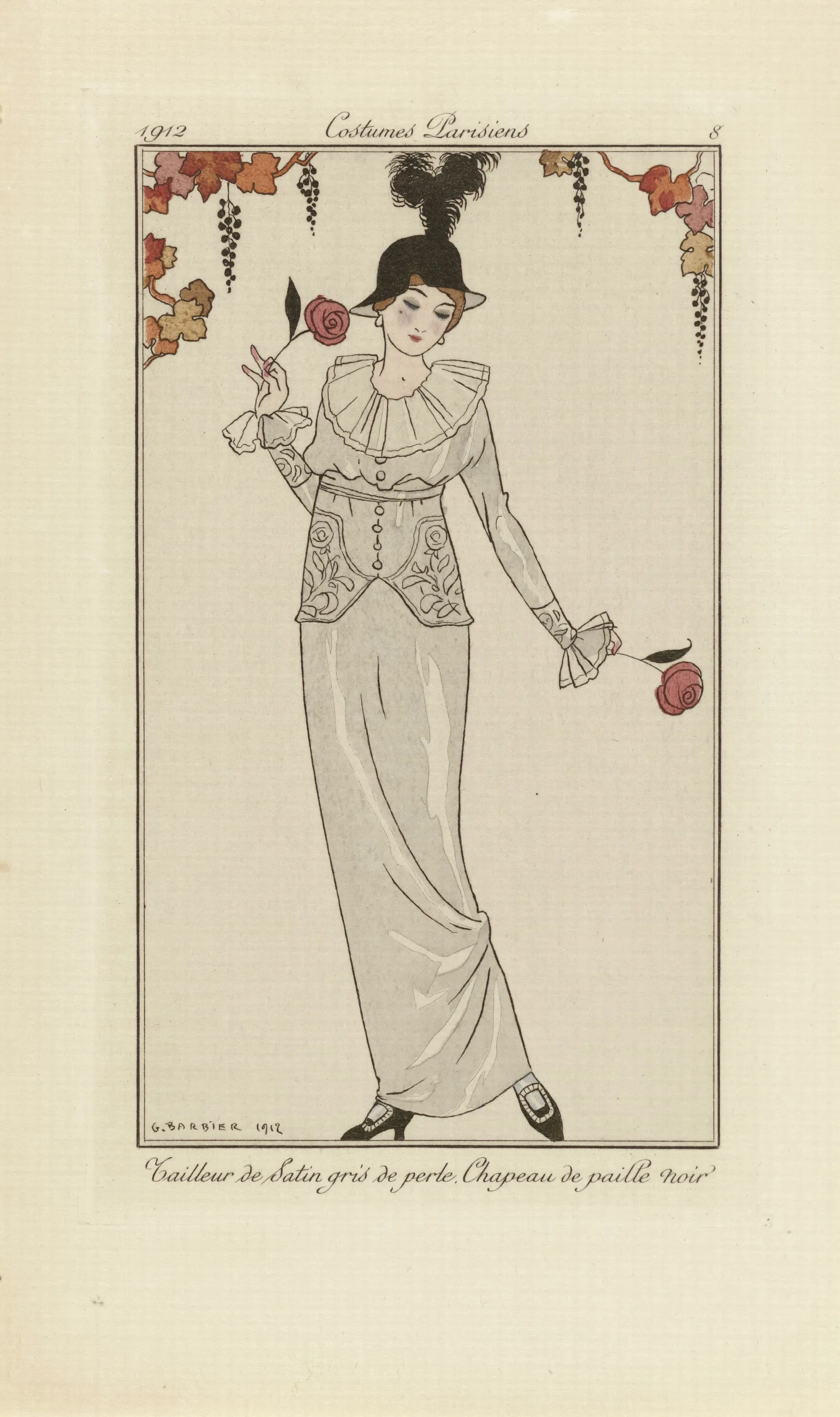Tailleur De Satin Gris De Perle Chapeau De Paille Noir Wall Art by George Barbier - Canvas Print