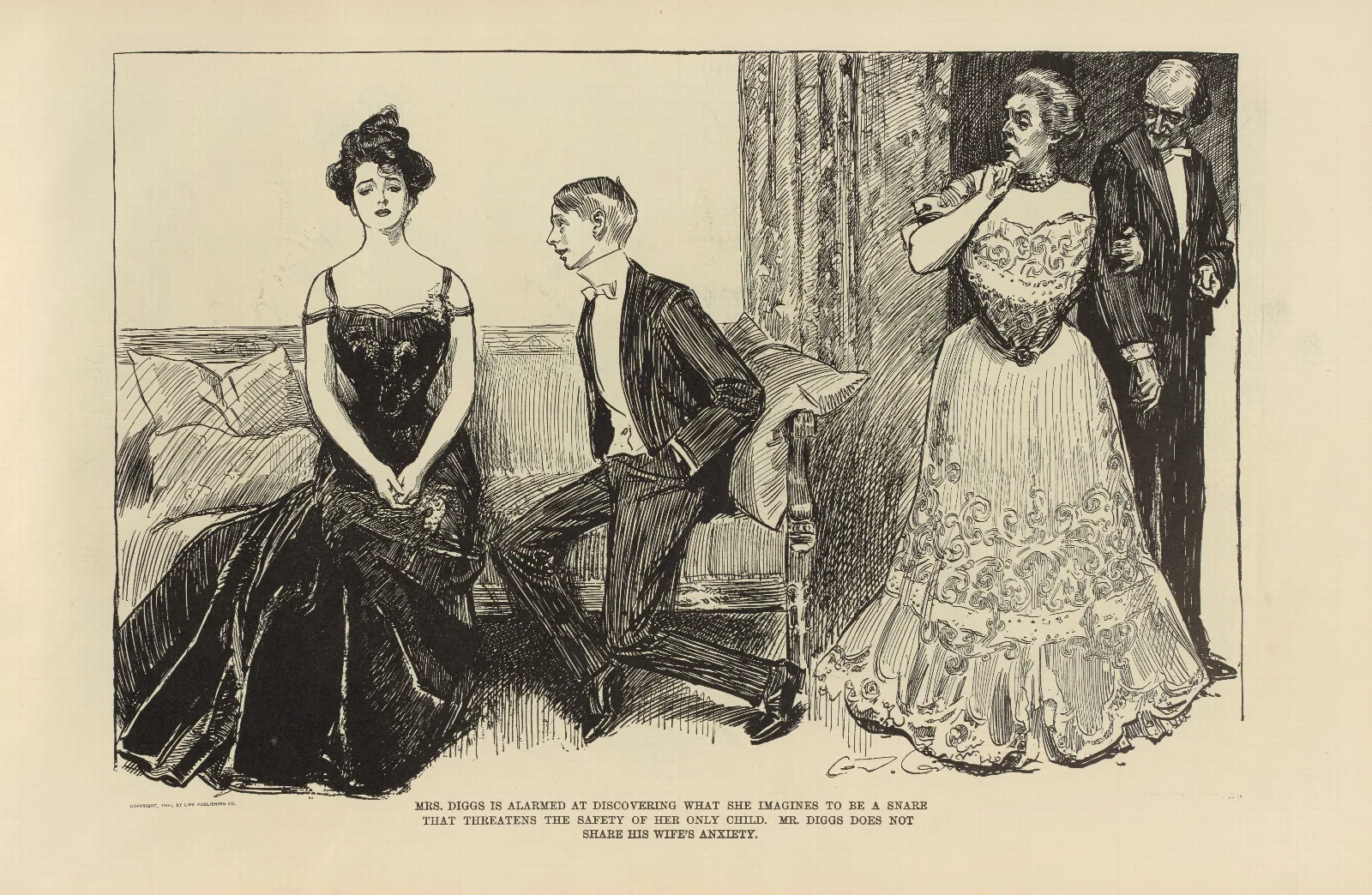 Mrs Diggs Is Alarmed At Discovering What She Imagines To Be A Snare Wall Art by Charles Dana Gibson - Canvas Print