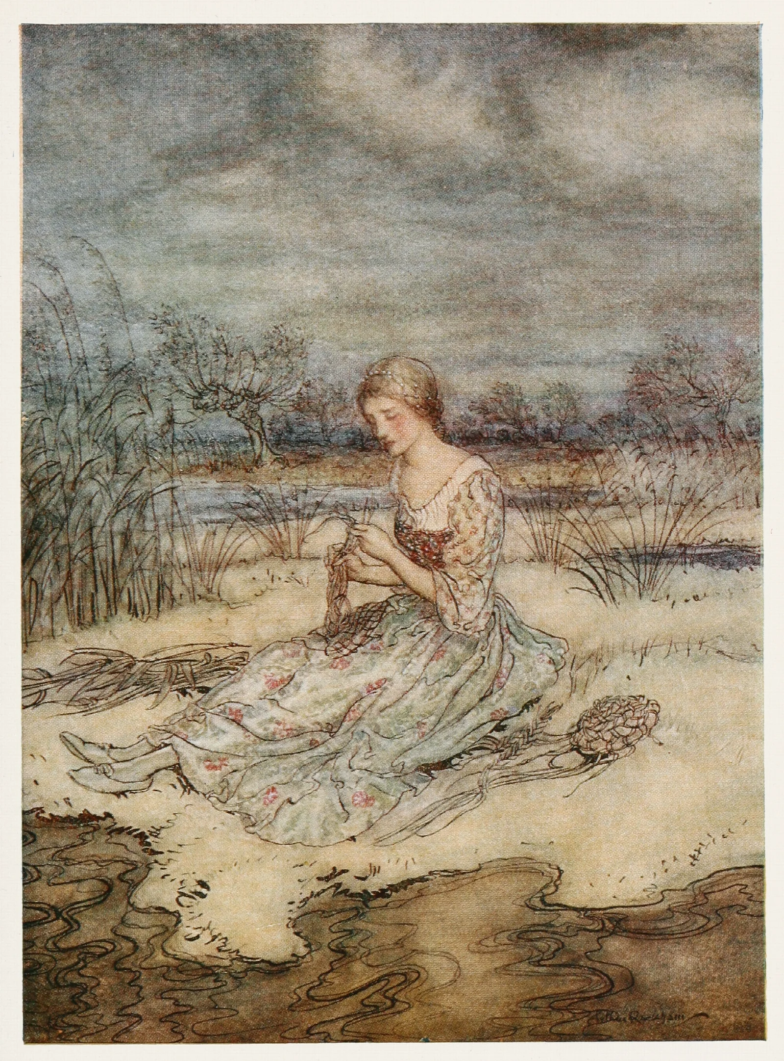 She Sate Down And Plaited Herself An Overall Of Rushes And A Cap To Match Wall Art by Arthur Rackham - Canvas Print