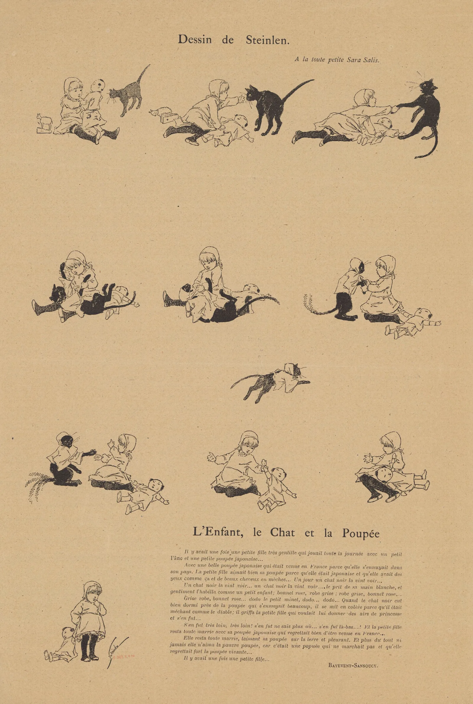 Lenfant Le Chat Et La Poupee Wall Art by Théophile Alexandre Steinlen - Canvas Print