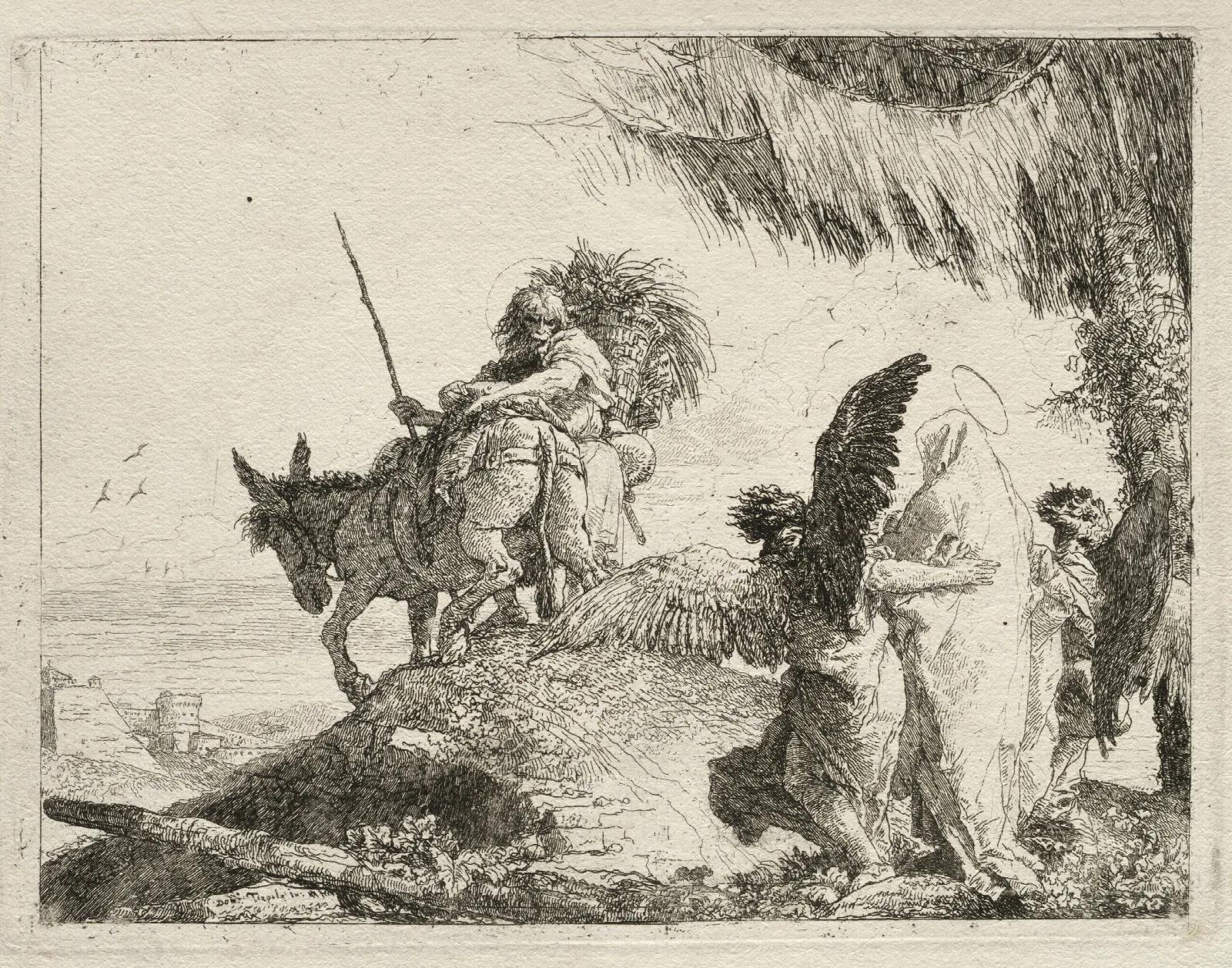 The Flight With The Madonna At Right Supported By Angels Wall Art by Giovanni Domenico Tiepolo - Canvas Print