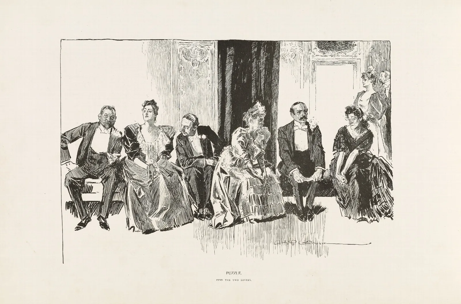 Puzzle Find The Two Lovers Wall Art by Charles Dana Gibson - Canvas Print