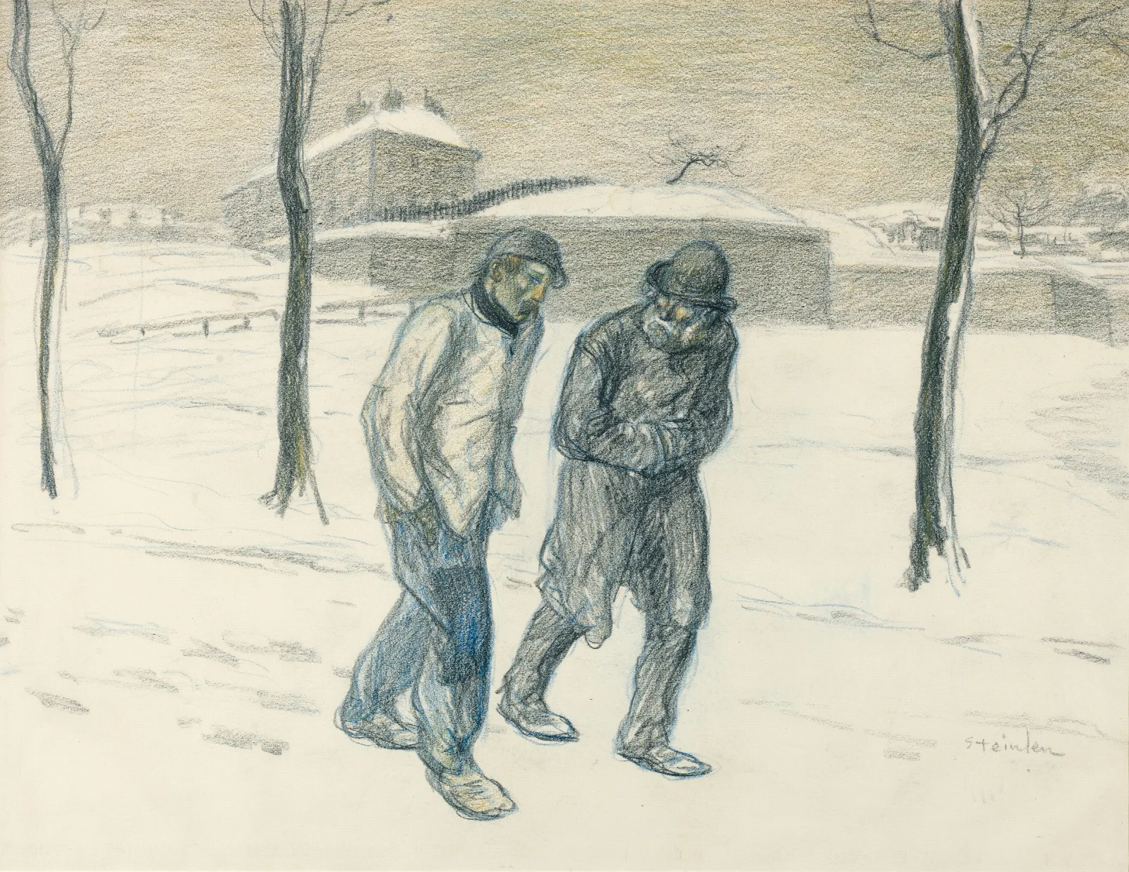 Two Vagabonds Walking In The Snow Wall Art by Théophile Alexandre Steinlen - Canvas Print