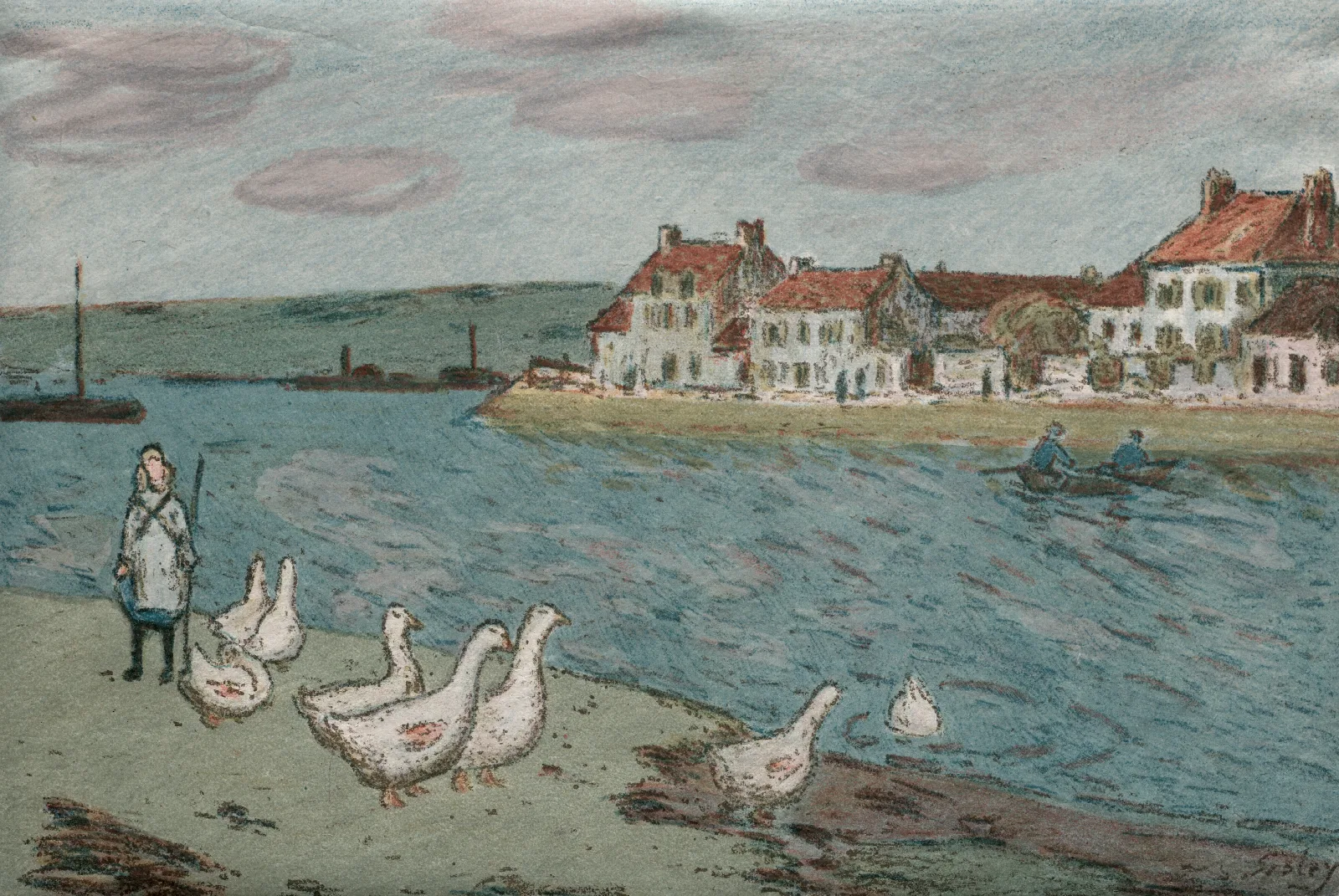 The River Bank Or Geese Wall Art by Alfred Sisley - Canvas Print