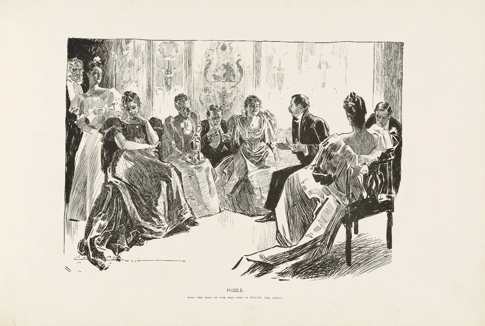 Puzzle Find The Wife Of The Man Who Is Telling The Story Wall Art by Charles Dana Gibson - Canvas Print