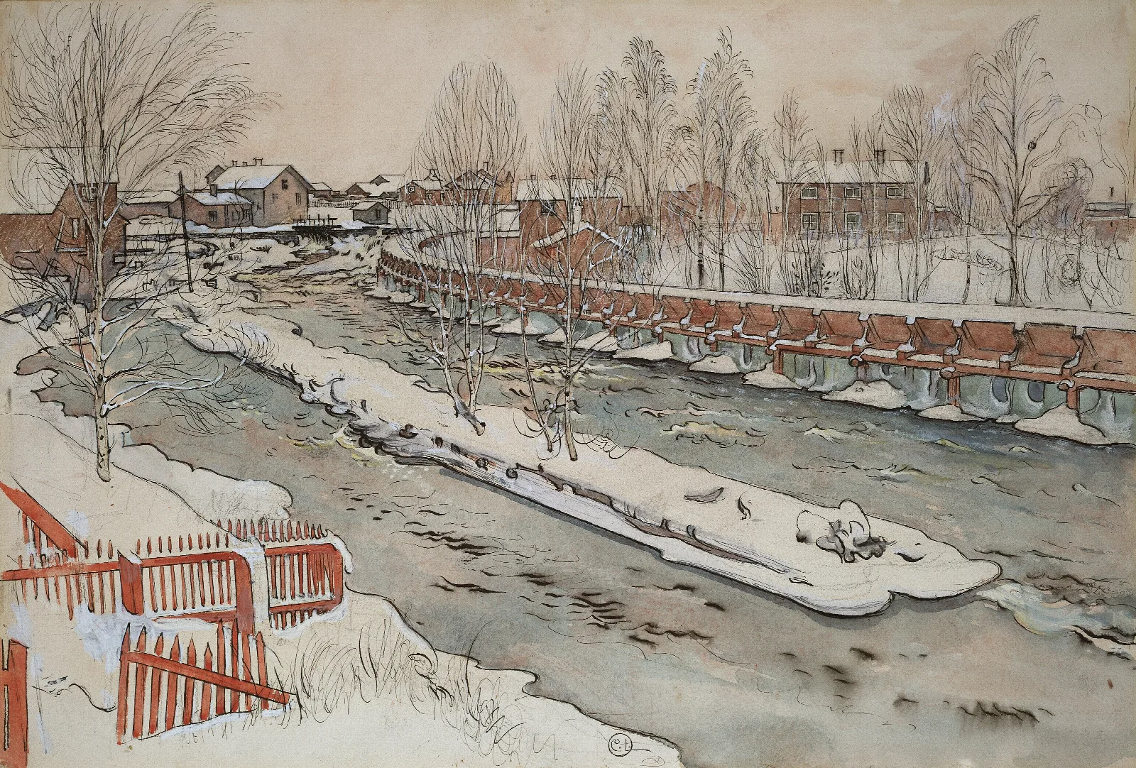 The Timber Chute Winterscene Wall Art by Carl Larsson - Canvas Print