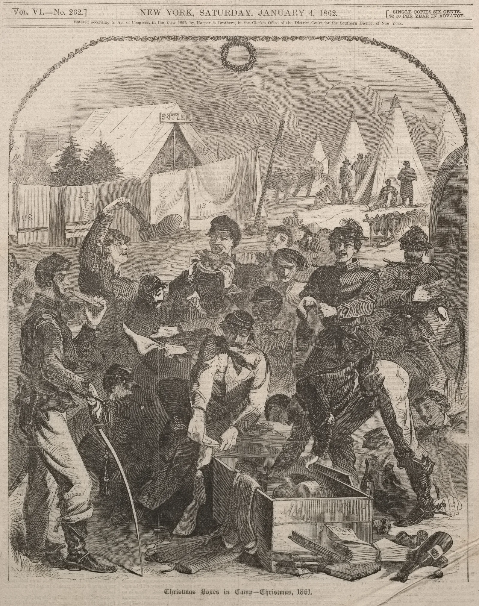 Christmas Boxes In Camp Christmas 1861 Wall Art by Winslow Homer - Canvas Print