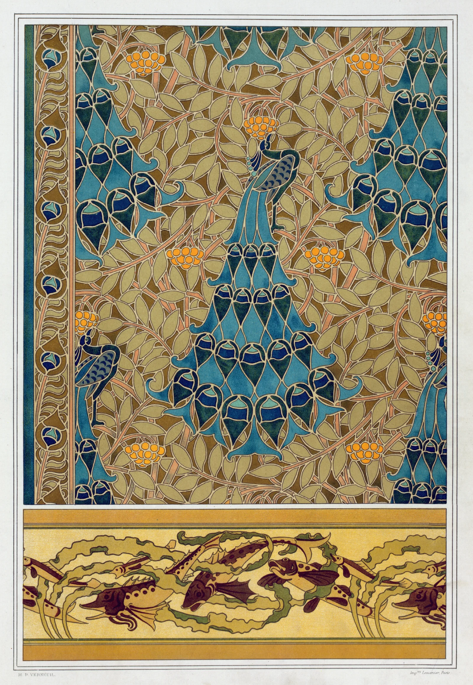 Paons Dans Les Sorbiers Pochoir Poissons Et Algues Bordure Wall Art by Maurice Pillard Verneuil - Canvas Print