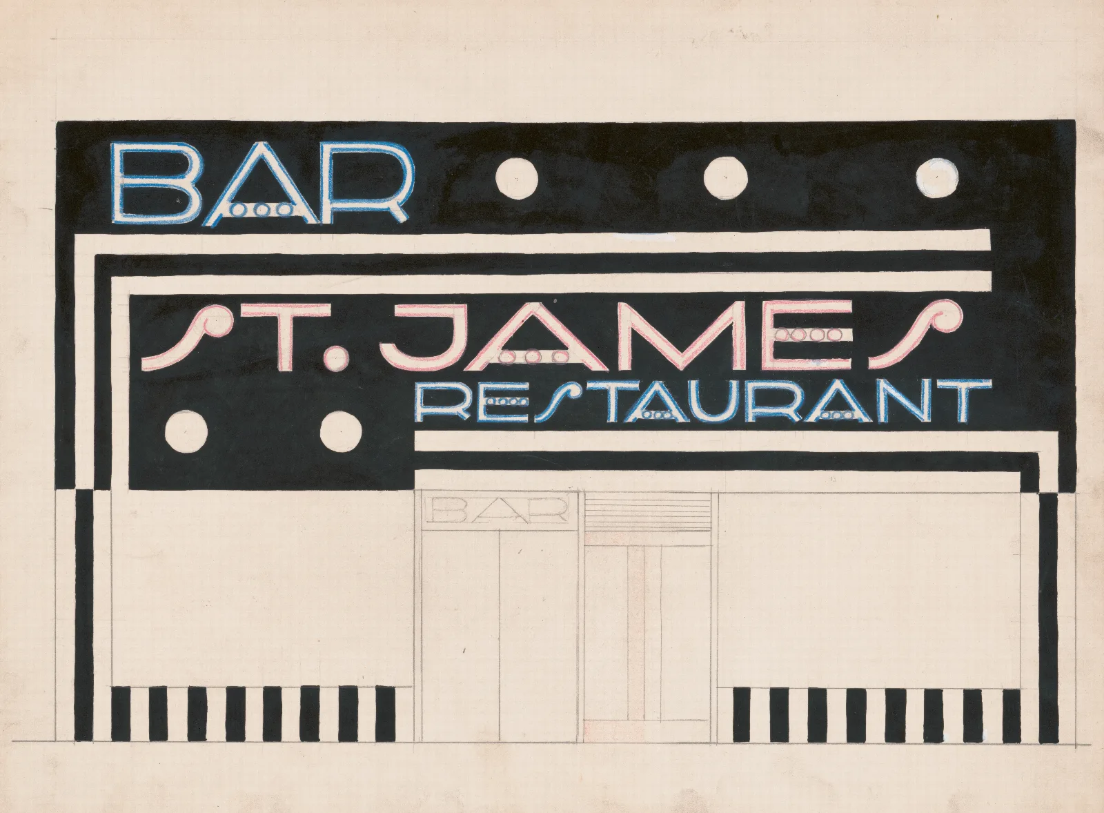 Designs And Photographs For Alterations To St James Bar Restaurant W 181st St And Broadway New York Ny Incomplete Study Of Exterior Elevation Wall Art by Winold Reiss - Canvas Print