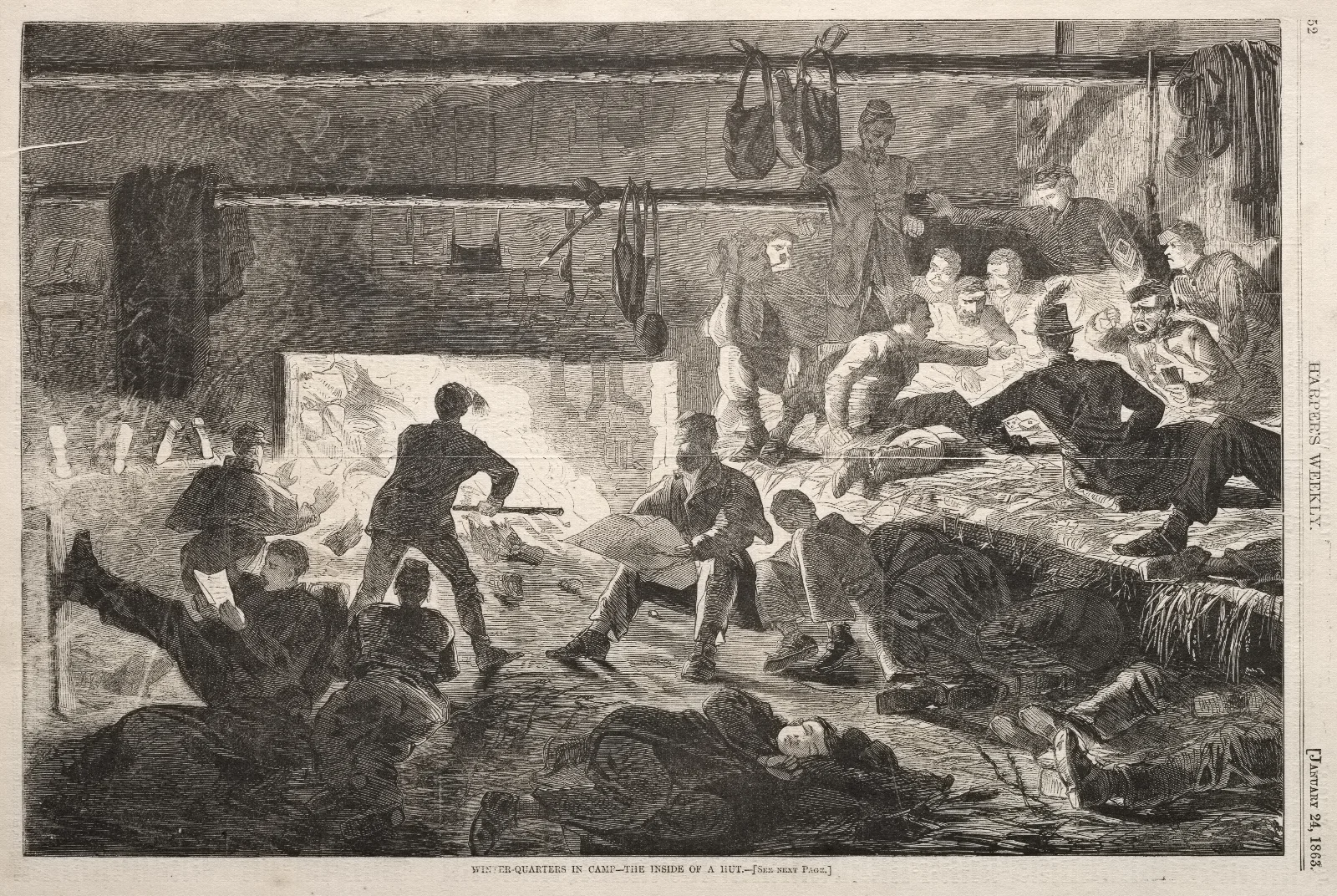 Winter Quarters In Camp The Inside Of A Hut Wall Art by Winslow Homer - Canvas Print