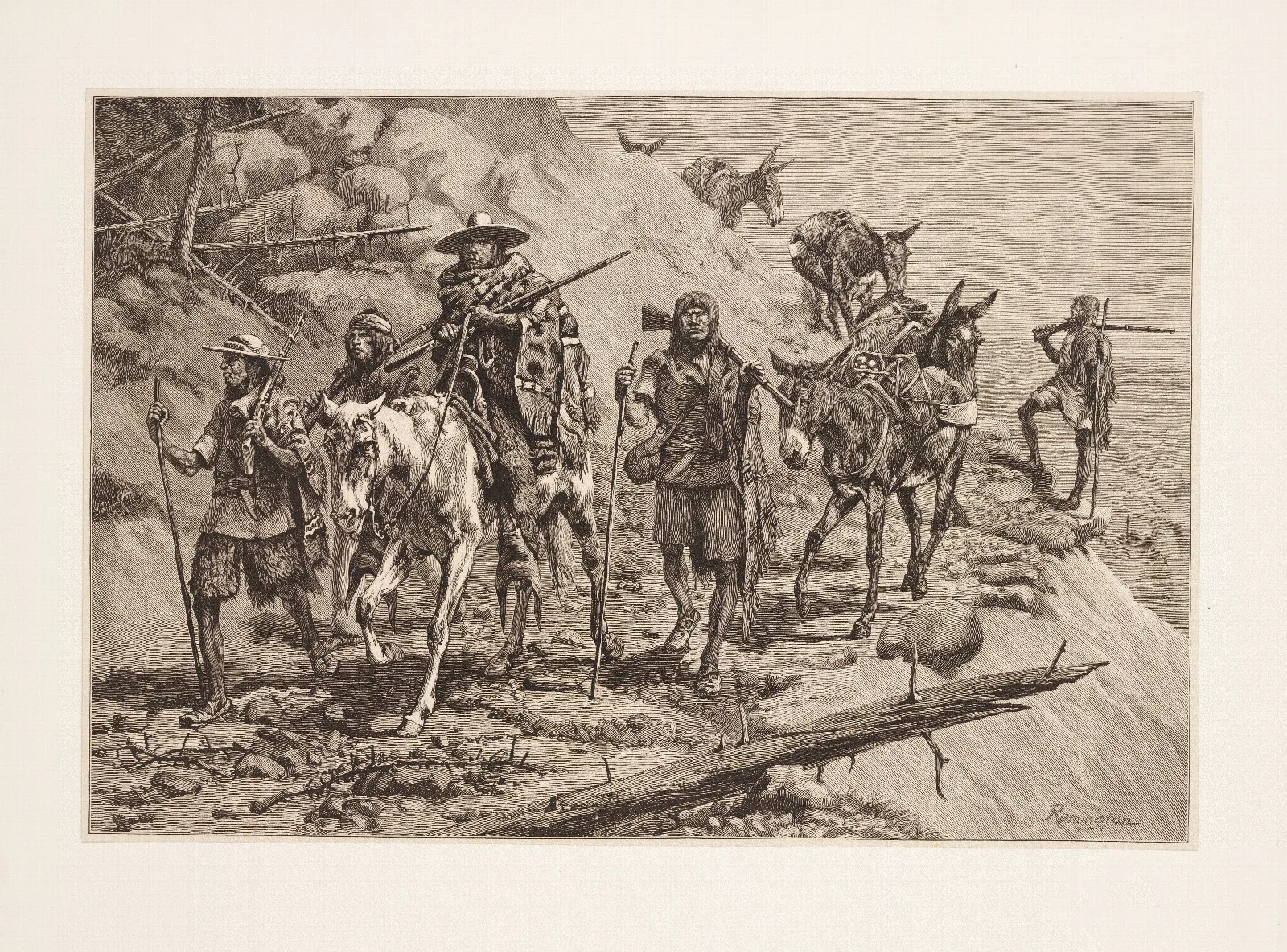 Pima Indians Convoying A Silver Train In Mexico Wall Art by Frederic Remington - Canvas Print