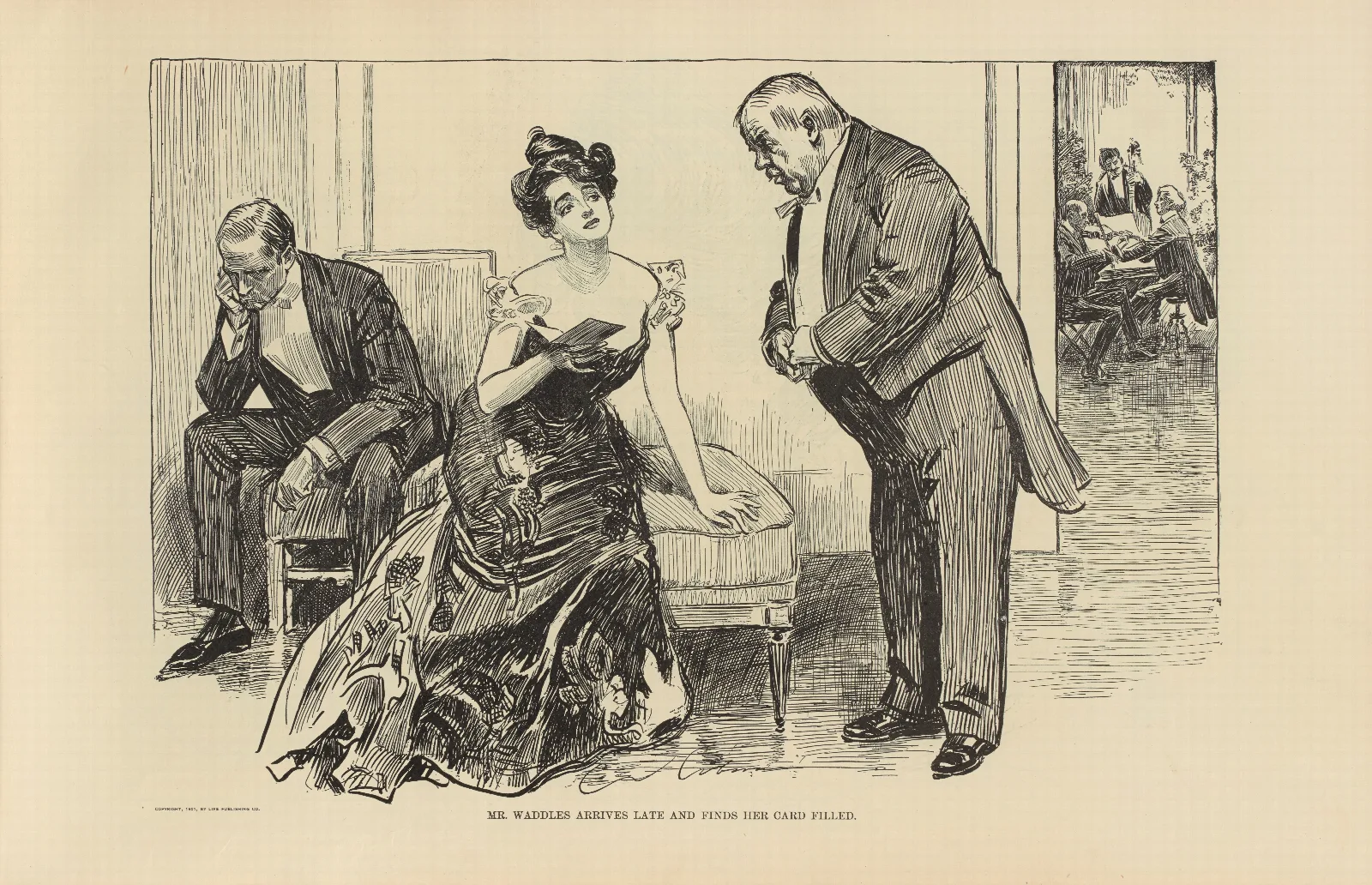 Mr Waddles Arrives Late And Finds Her Card Filled Wall Art by Charles Dana Gibson - Canvas Print