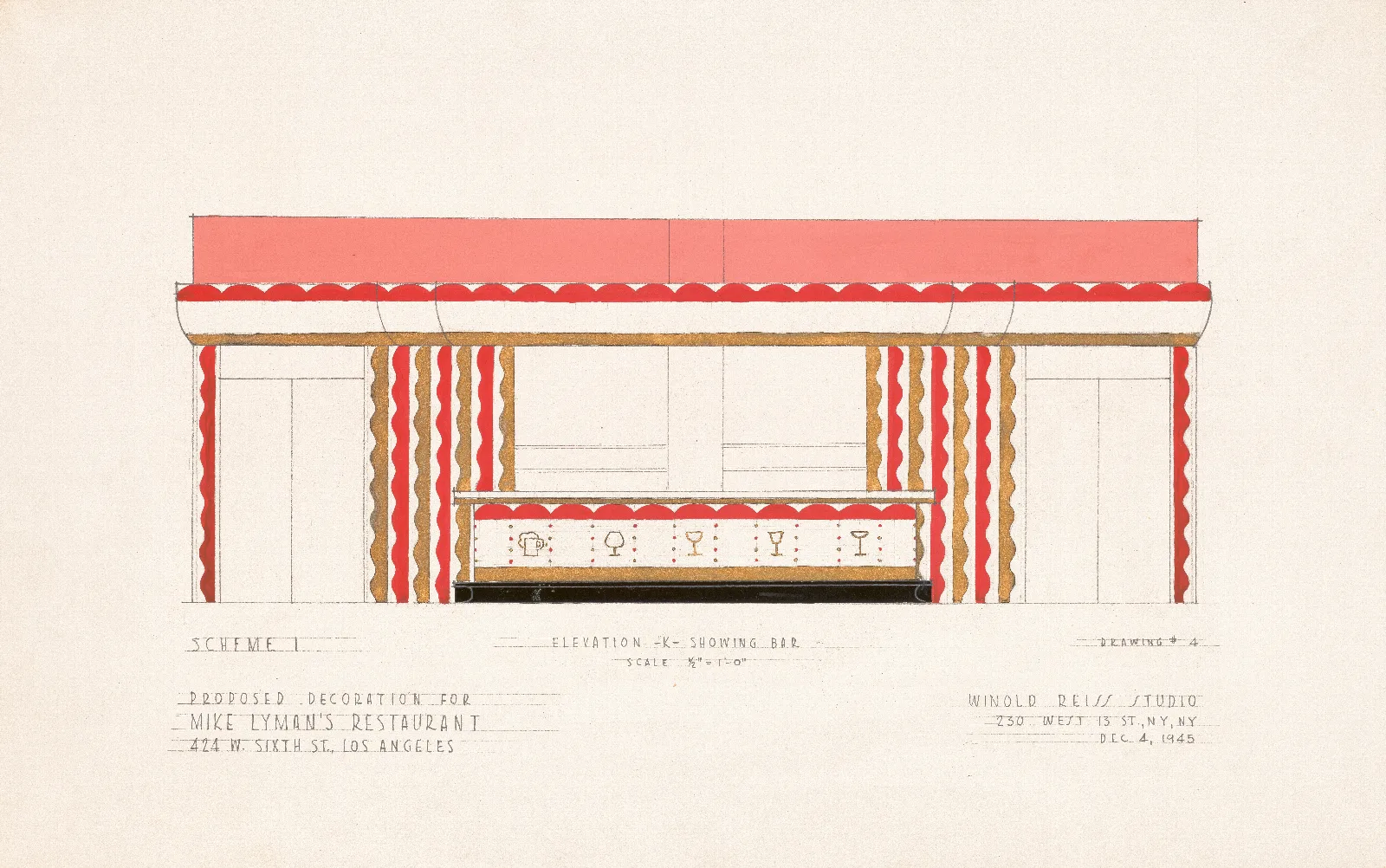 Drawings For Proposed Decorations Of Mike Lymans Restaurant 424 W Sixth St Los Angeles Ca Scheme 1 Elevation K Showing Bar Wall Art by Winold Reiss - Canvas Print