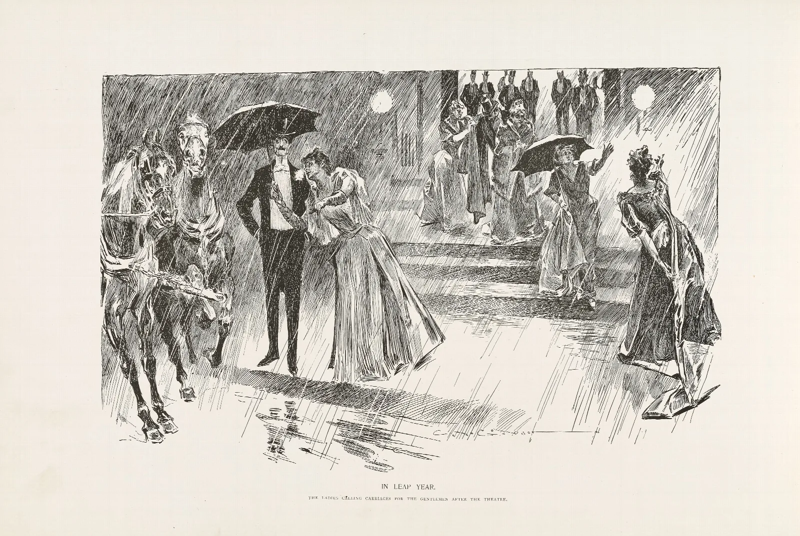 In Leap Year The Ladies Calling Carriages For The Gentlemen After The Theatre Wall Art by Charles Dana Gibson - Canvas Print