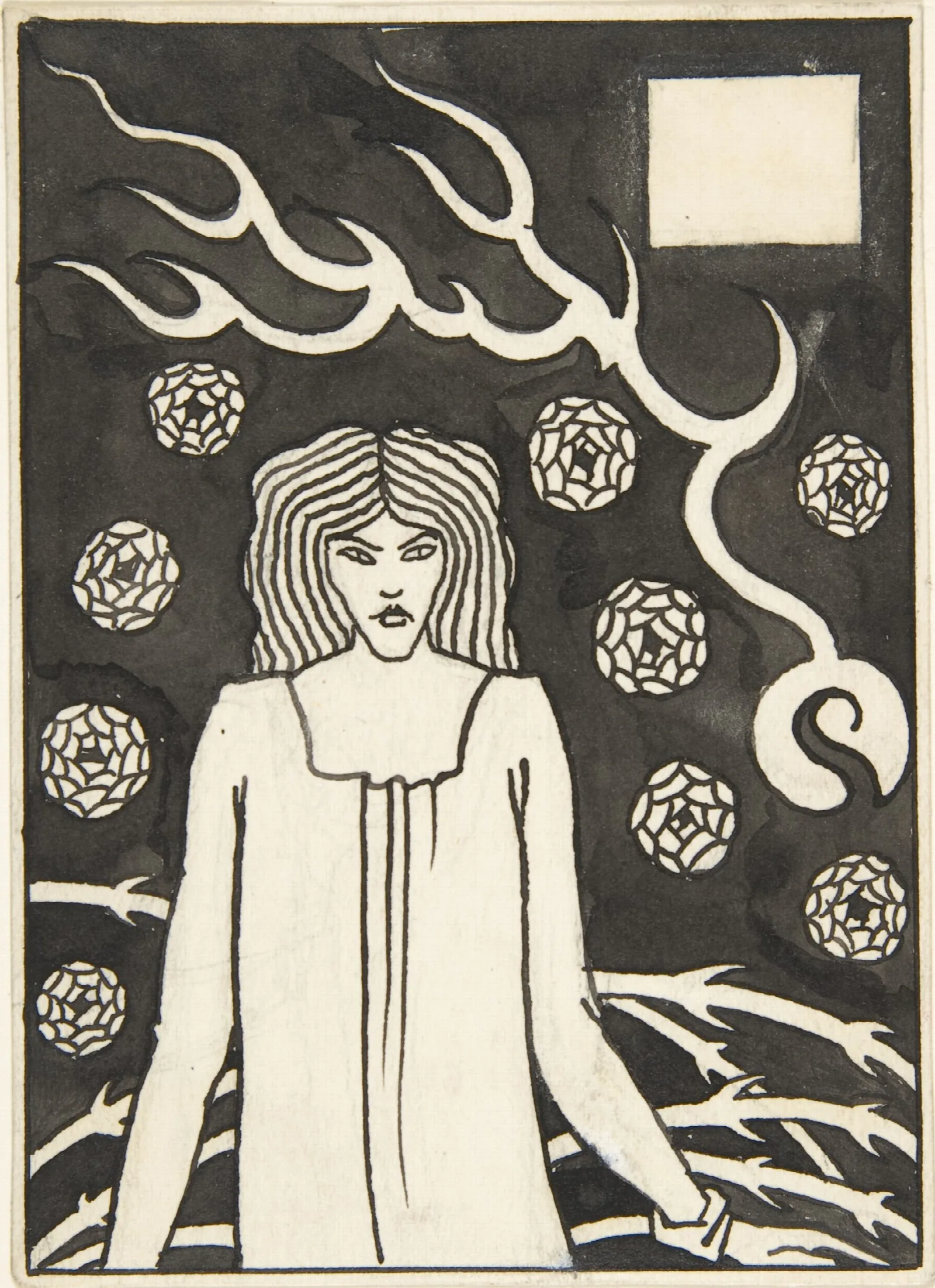 Young Woman Surrounded By Briars Lightning And Roses Wall Art by Aubrey Vincent Beardsley - Canvas Print