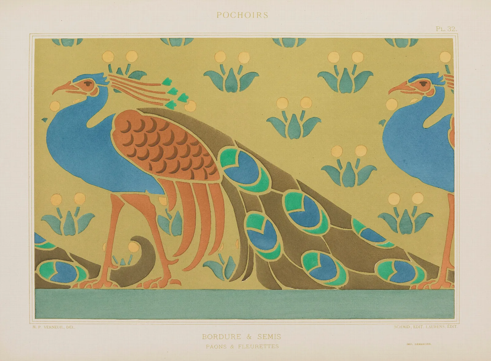 Bordure Semis Paons Fleurettes Wall Art by Maurice Pillard Verneuil - Canvas Print