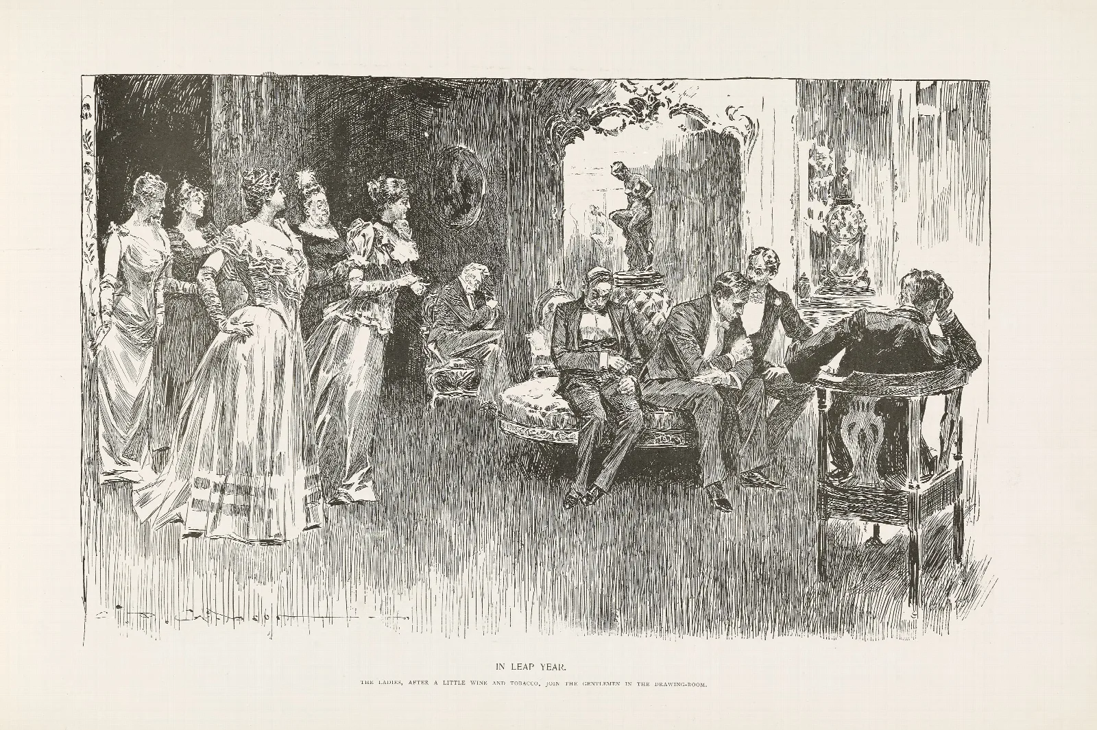 In Leap Year The Ladies After A Little Wine And Tobacco Join The Gentlemen In The Drawing Room Wall Art by Charles Dana Gibson - Canvas Print
