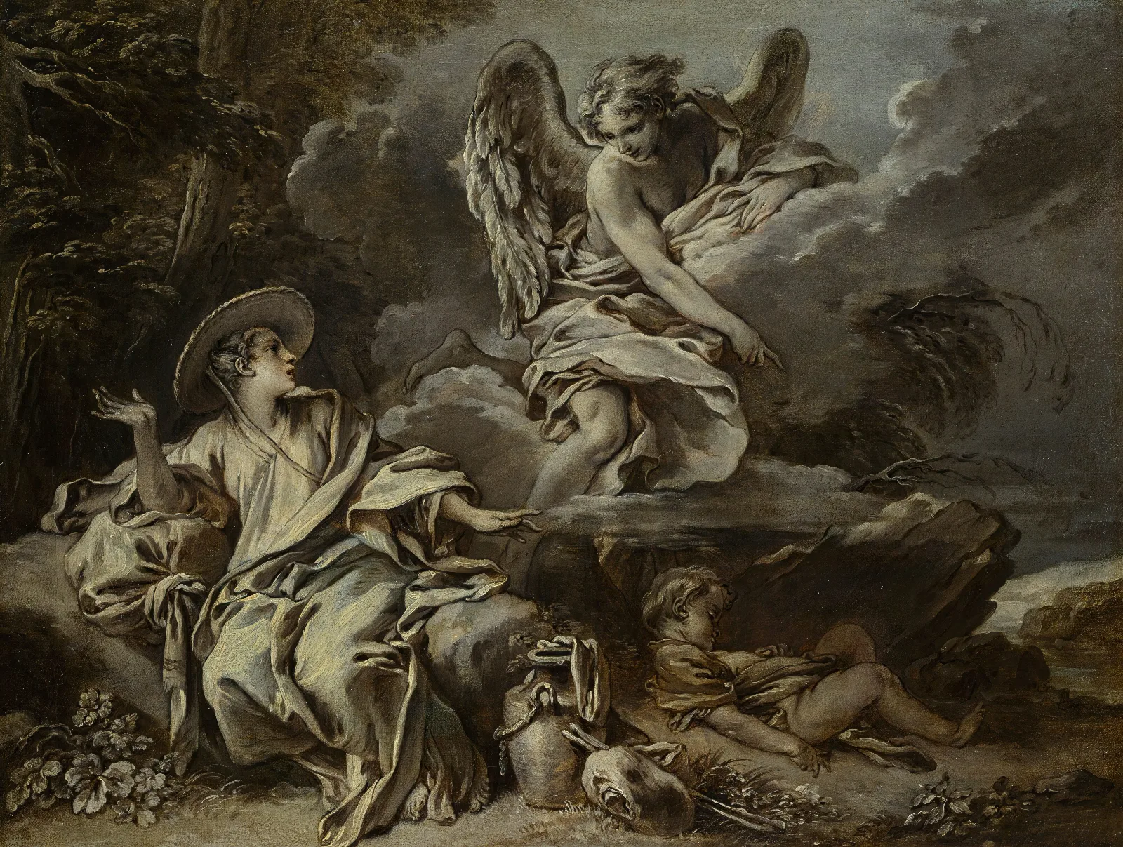Hagar And Ishmael In The Desert With The Angel Wall Art by François Boucher - Canvas Print