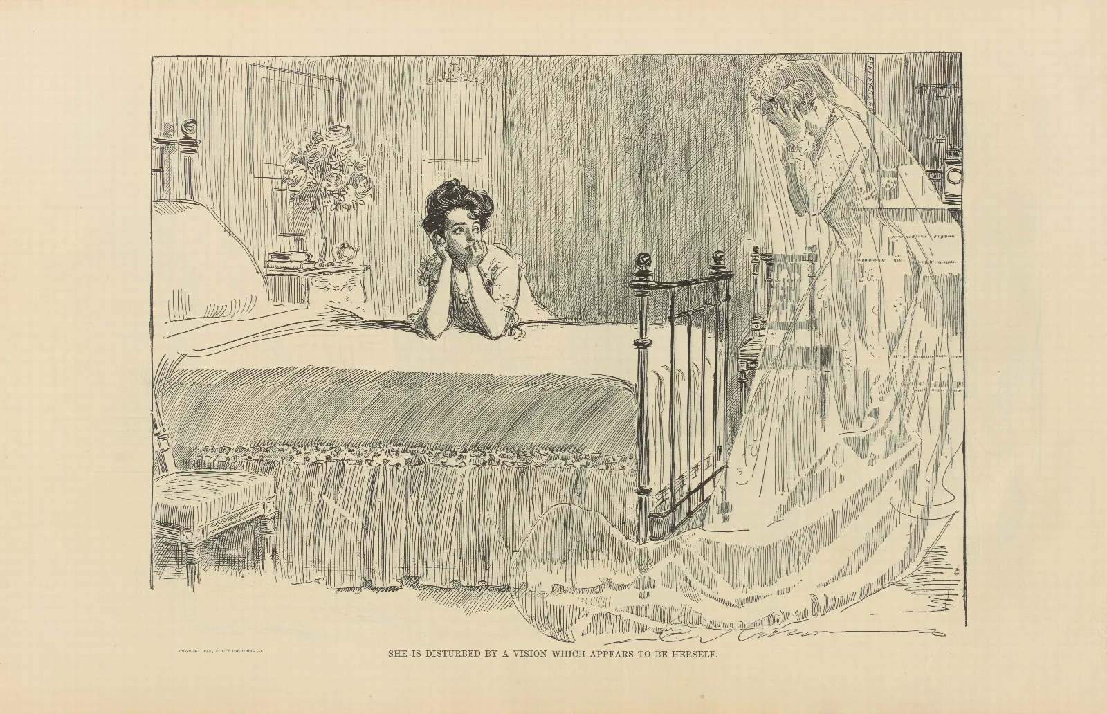 She Is Disturbed By A Vision Which Appears To Be Herself Wall Art by Charles Dana Gibson - Canvas Print