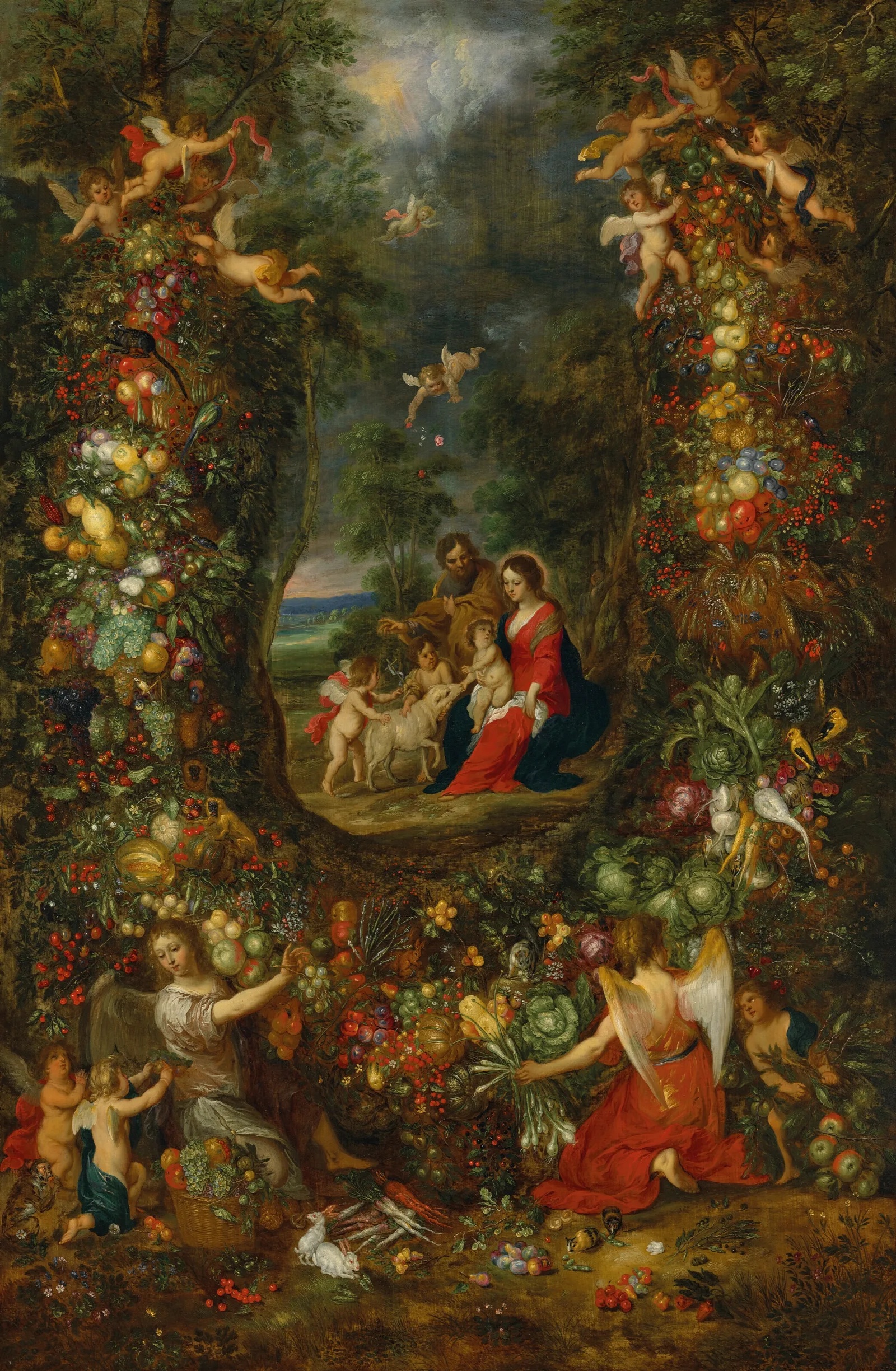 The Holy Family Surrounded By A Garland Of Fruit Supported By Putti 2 Wall Art by Jan Brueghel the Younger - Canvas Print