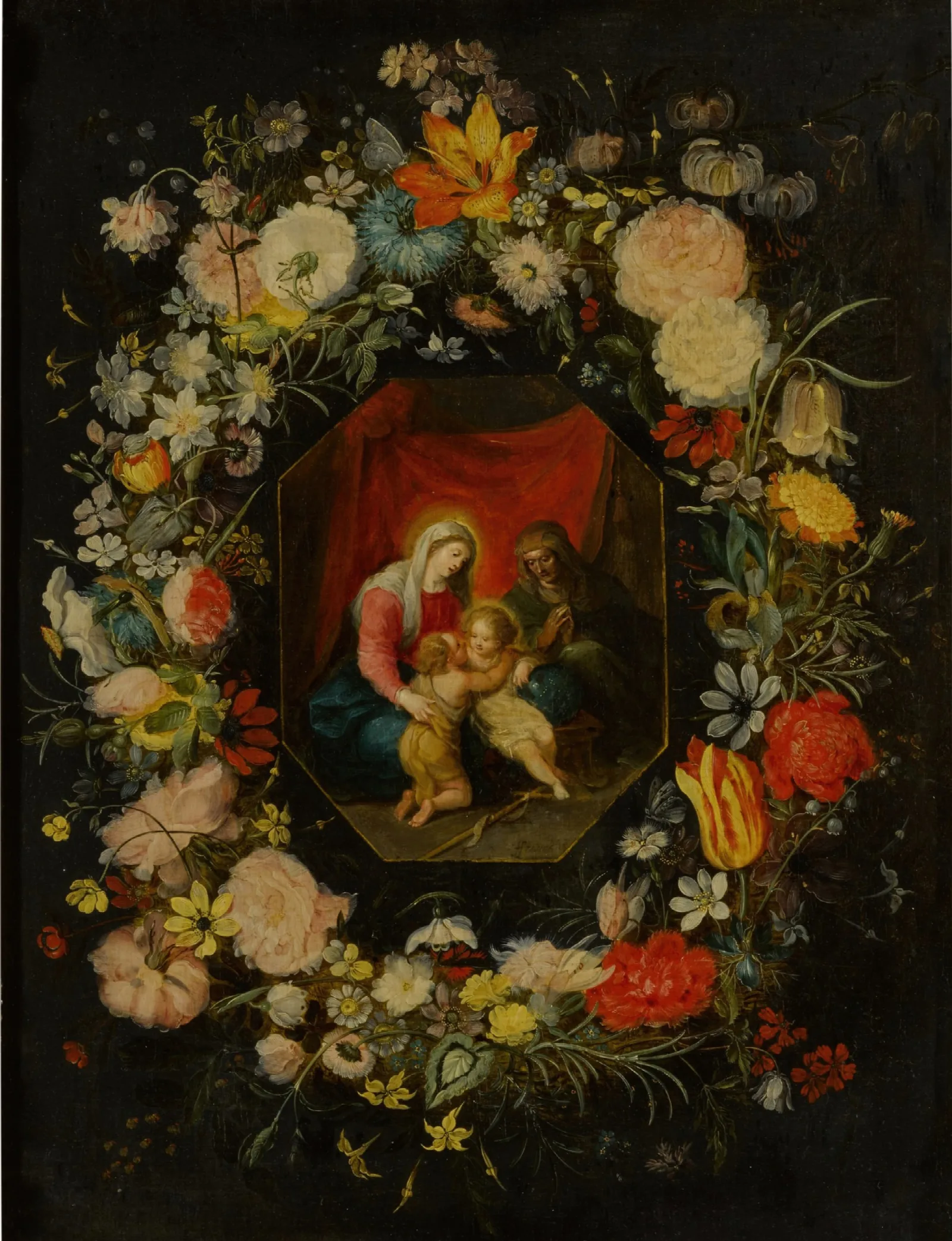 Madonna And Child With St Anne And St John The Baptist Surrounded By A Flower Garland Wall Art by Jan Brueghel the Younger - Canvas Print