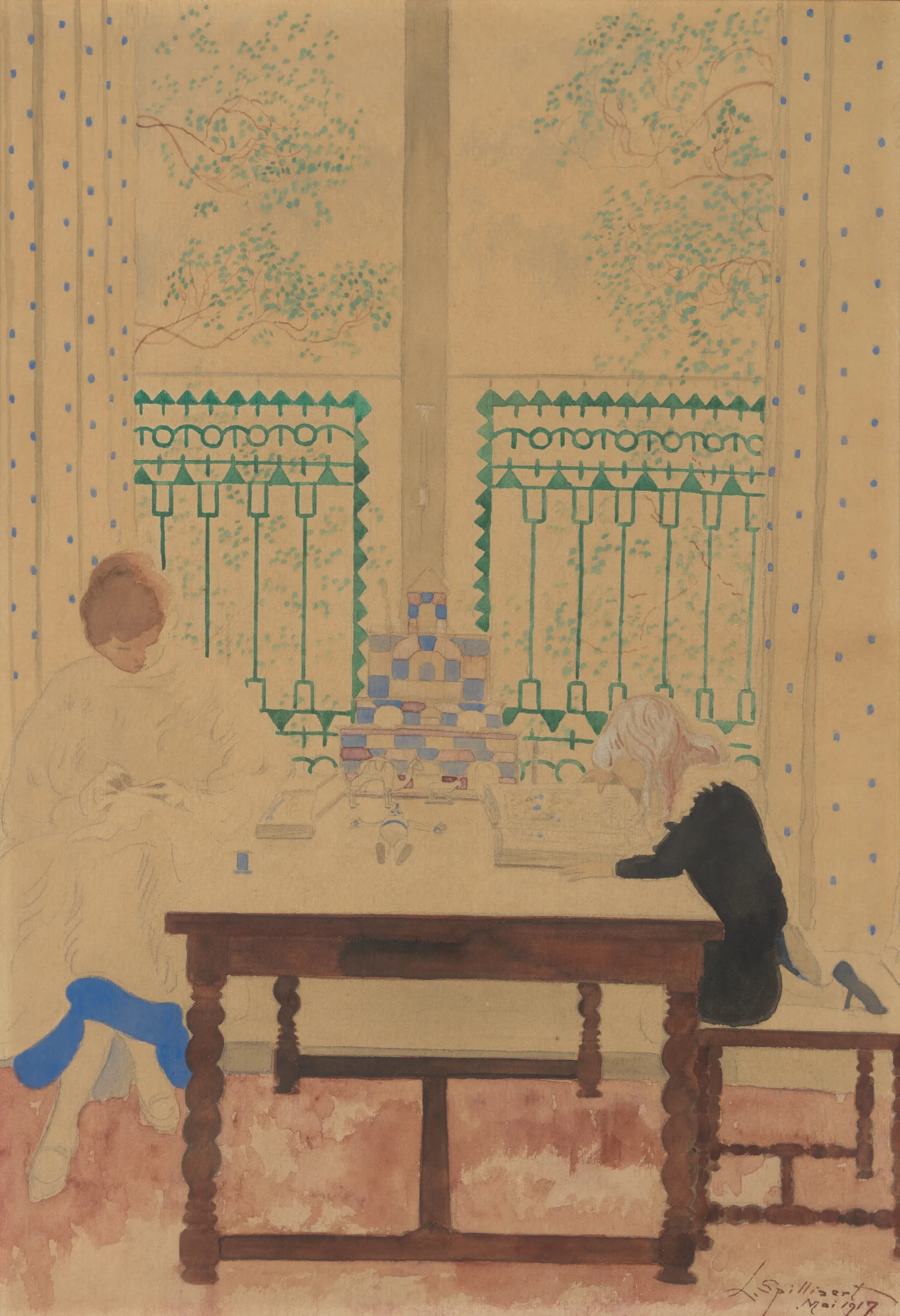 Vrouw Met Kind Lezend Aan Tafel Wall Art by Léon Spilliaert - Canvas Print