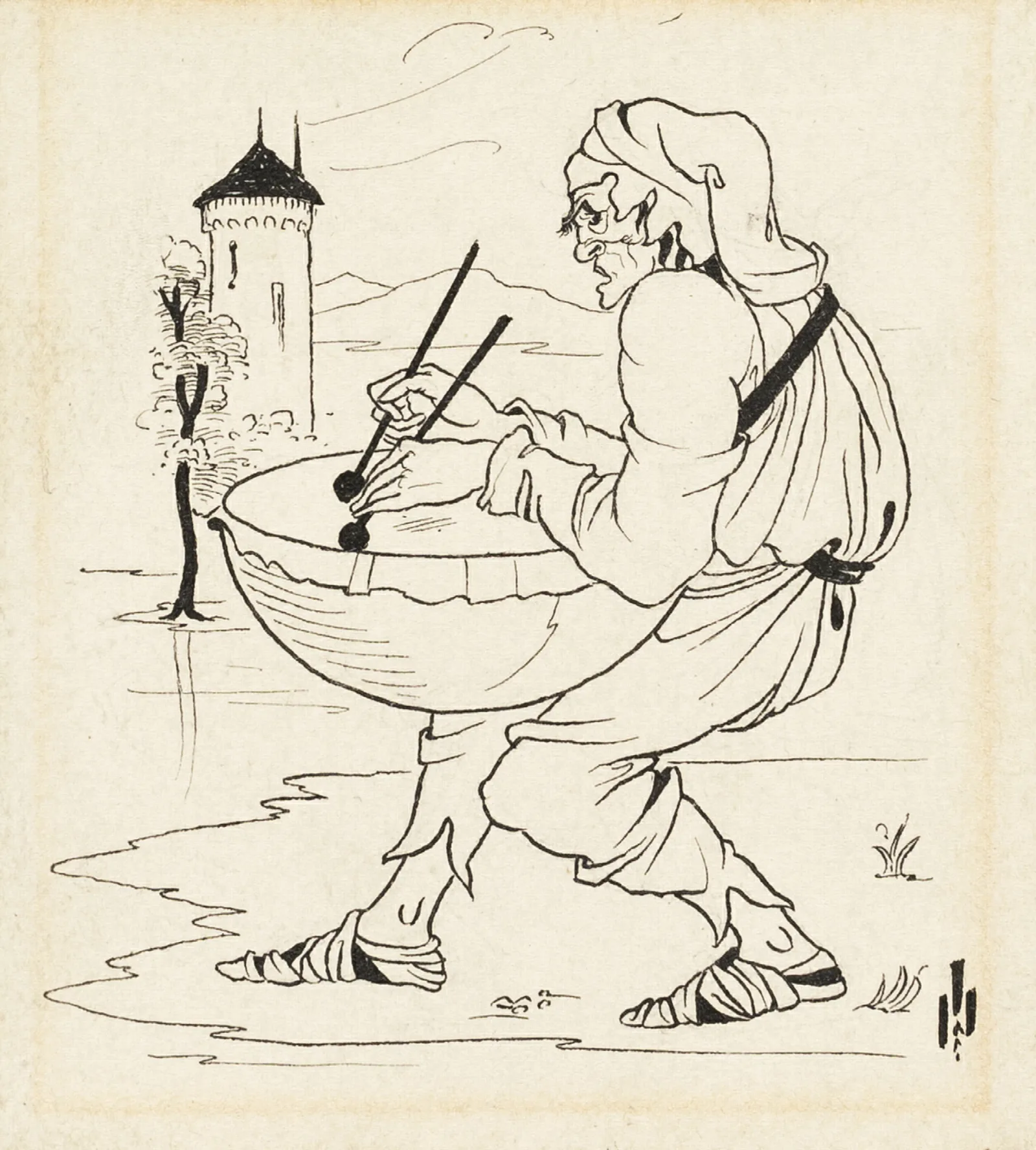 Man With Drum 2 Wall Art by Aubrey Vincent Beardsley - Canvas Print