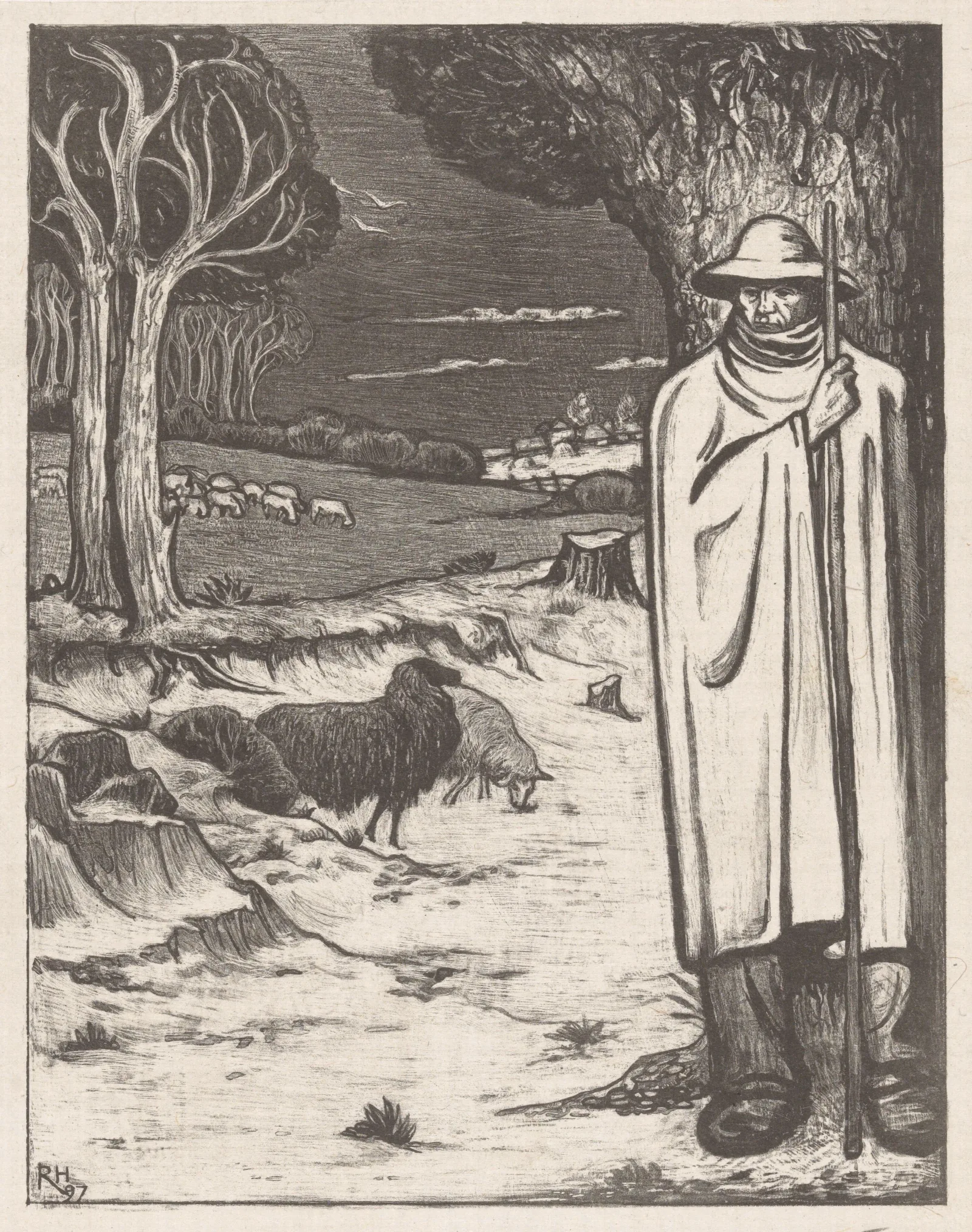 Herder Met Een Kudde Schapen In Een Heuvellandschap Wall Art by Richard Nicolaüs Roland Holst - Canvas Print