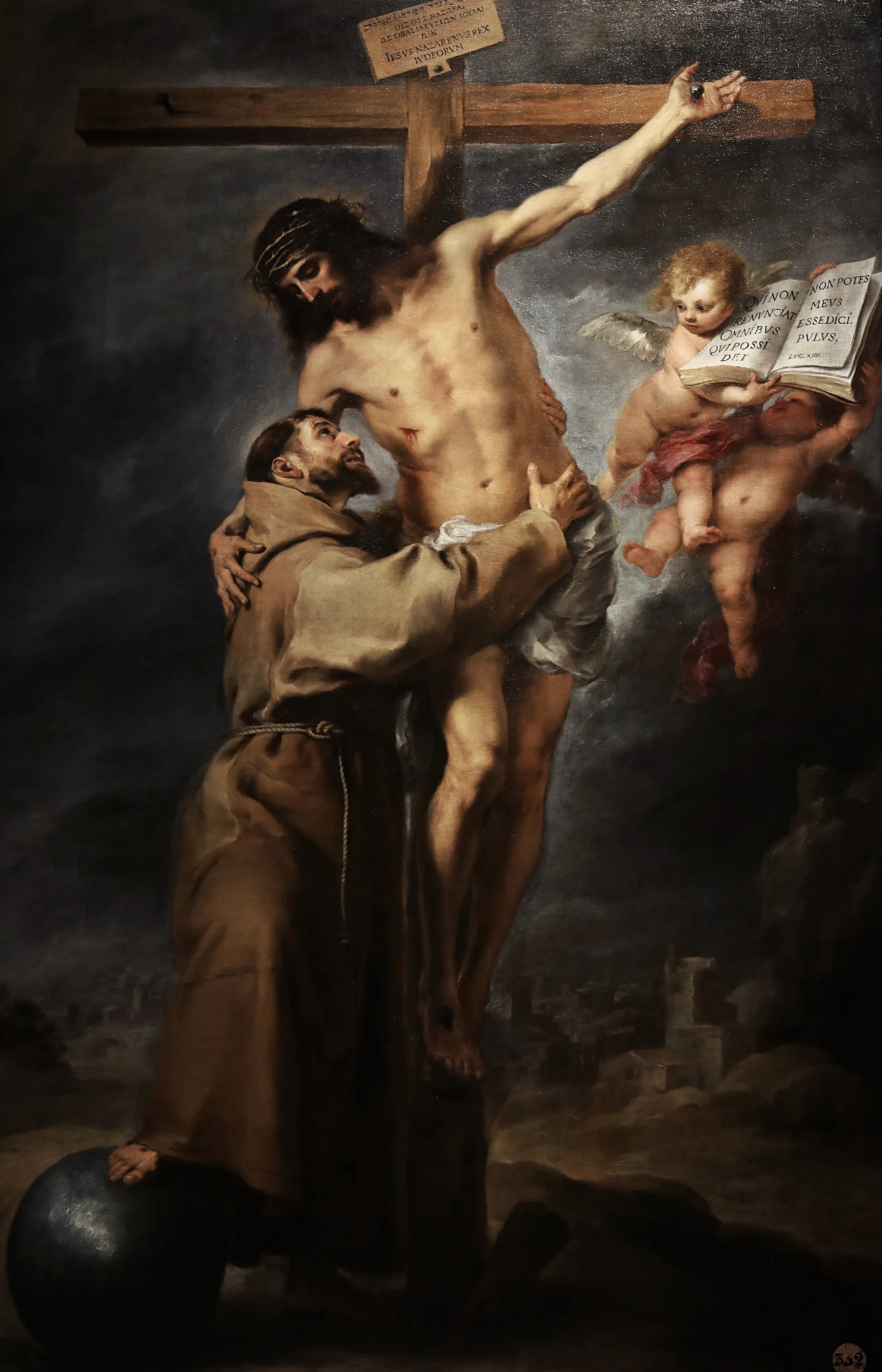 Saint Francis Of Assisi Embracing The Crucified Christ Wall Art by Bartolomé Estebán Murillo - Canvas Print
