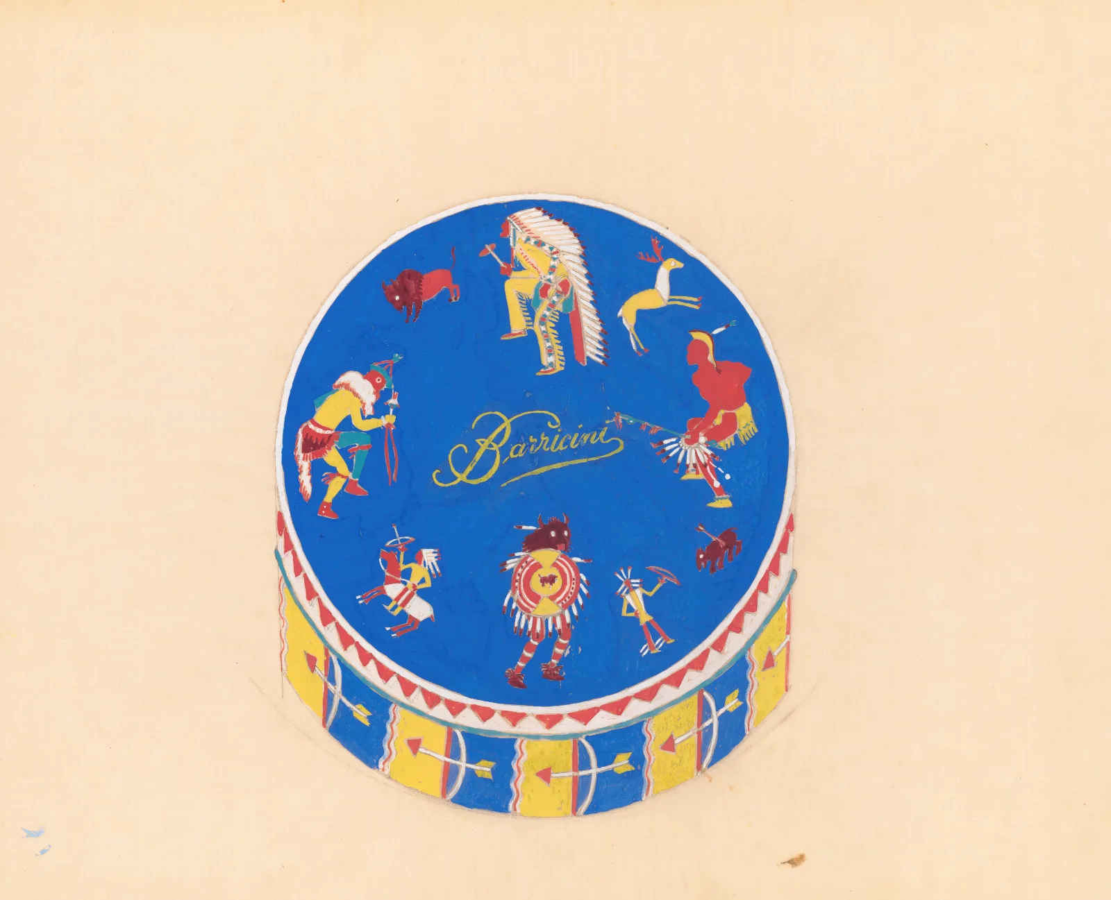 Graphic Design Drawings For Barricini Candy Packages 3 D Study Circular Candy Box With Indian Motif On Blue Background Wall Art by Winold Reiss - Canvas Print