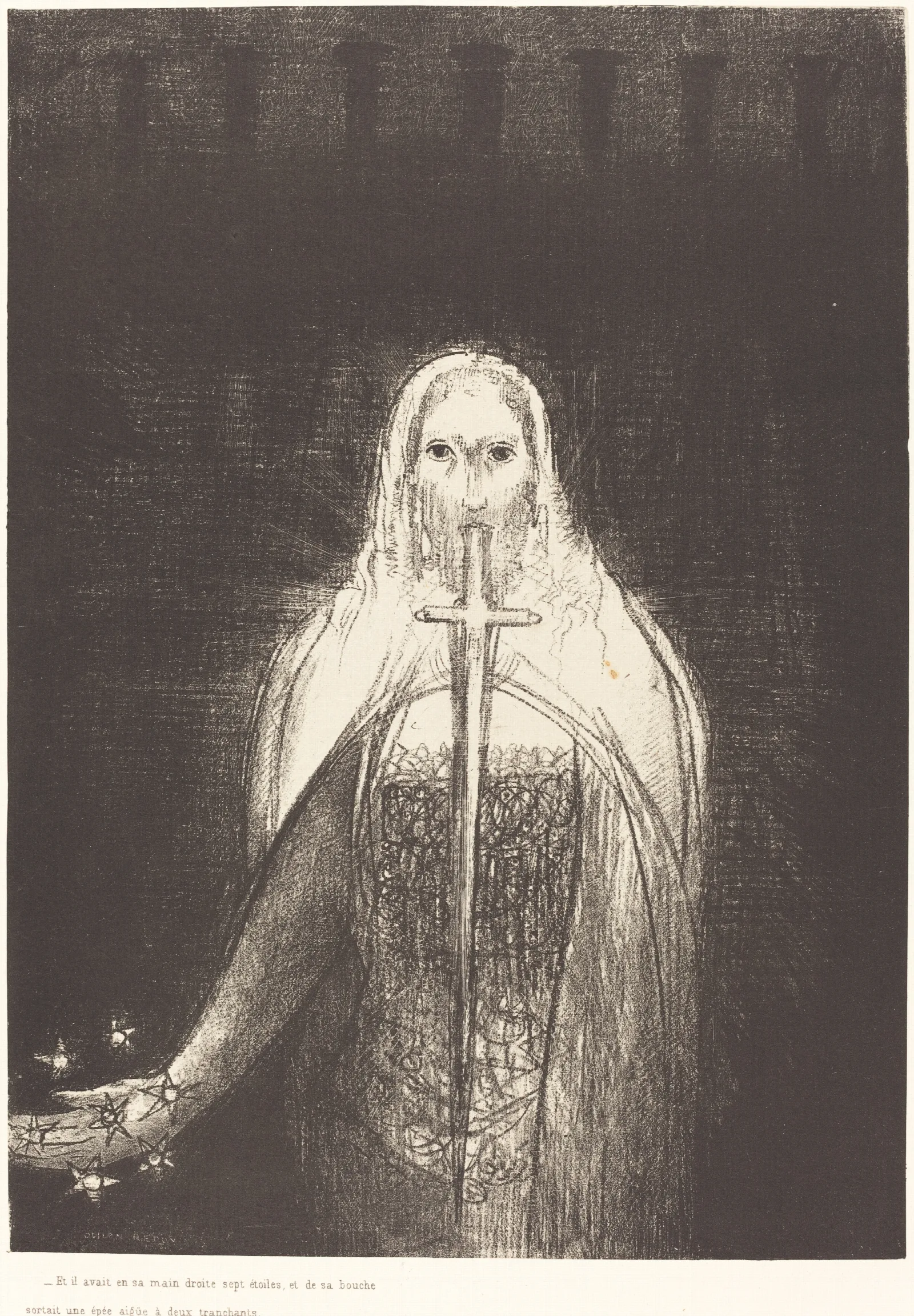 Et Il Avait Dans Sa Main Droit Sept Etoiles Et De Sa Bouch Sortait Une Epee Aigue A Deux Tranchants Wall Art by Odilon Redon - Canvas Print