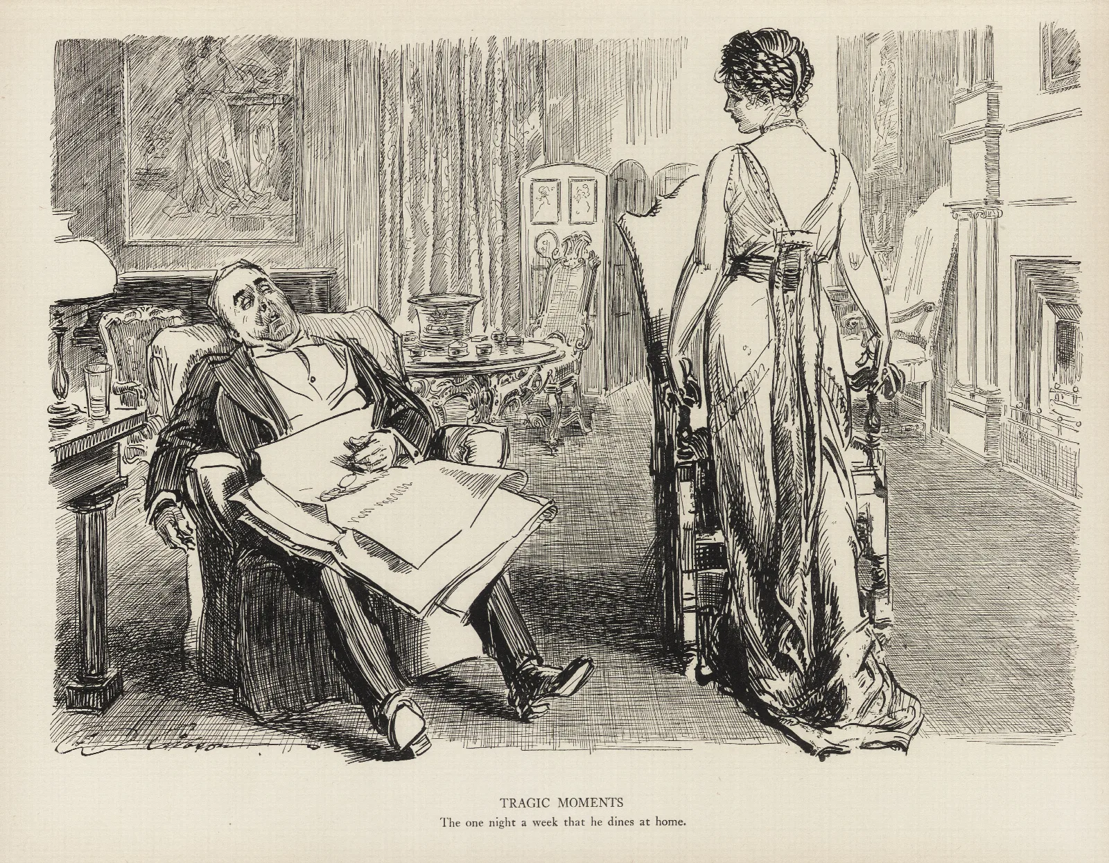 Tragic Moments The One Night A Week That He Dines At Home Wall Art by Charles Dana Gibson - Canvas Print