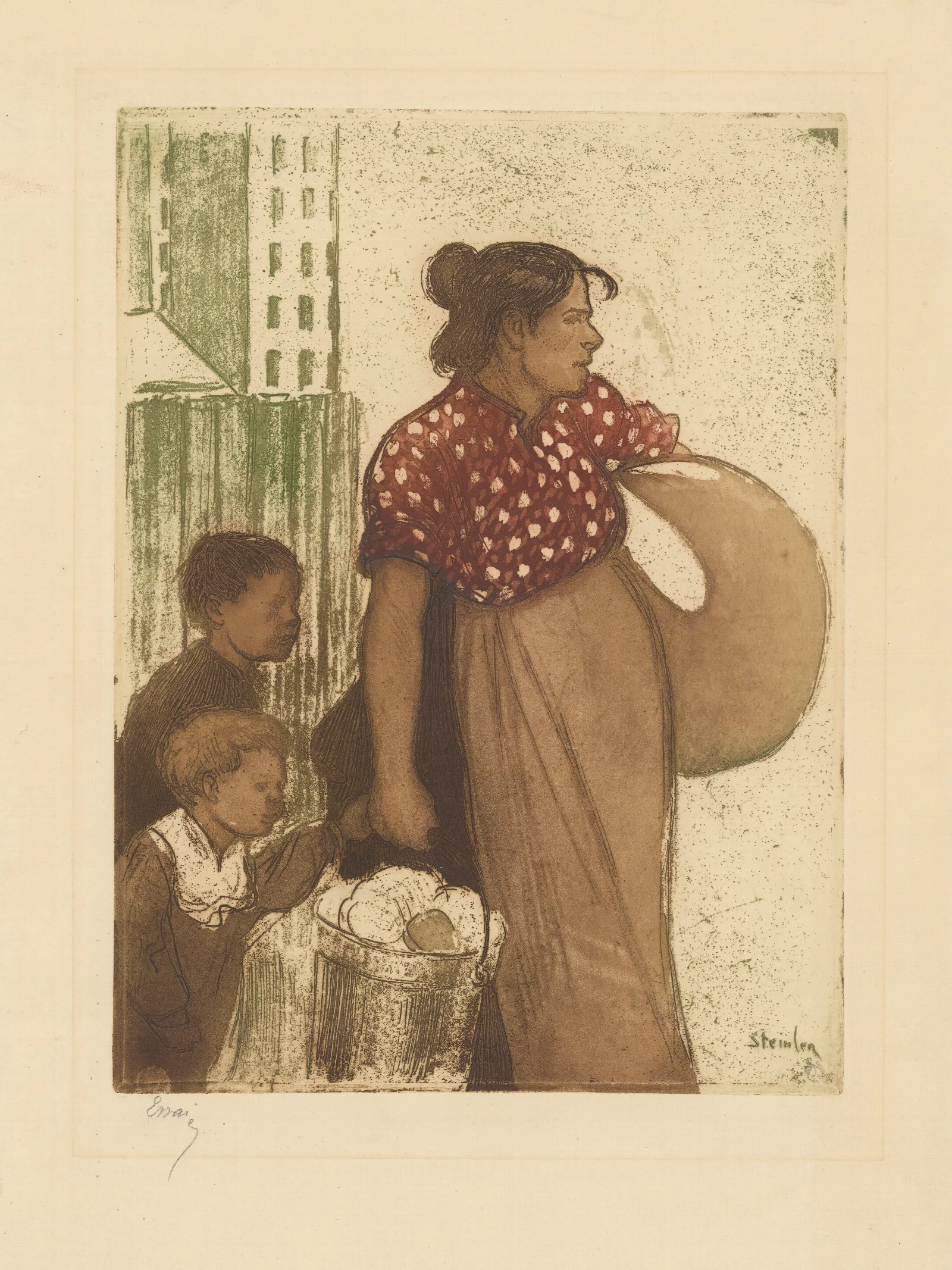 Menagere Et Enfants Rentrant Du Lavoir Wall Art by Théophile Alexandre Steinlen - Canvas Print