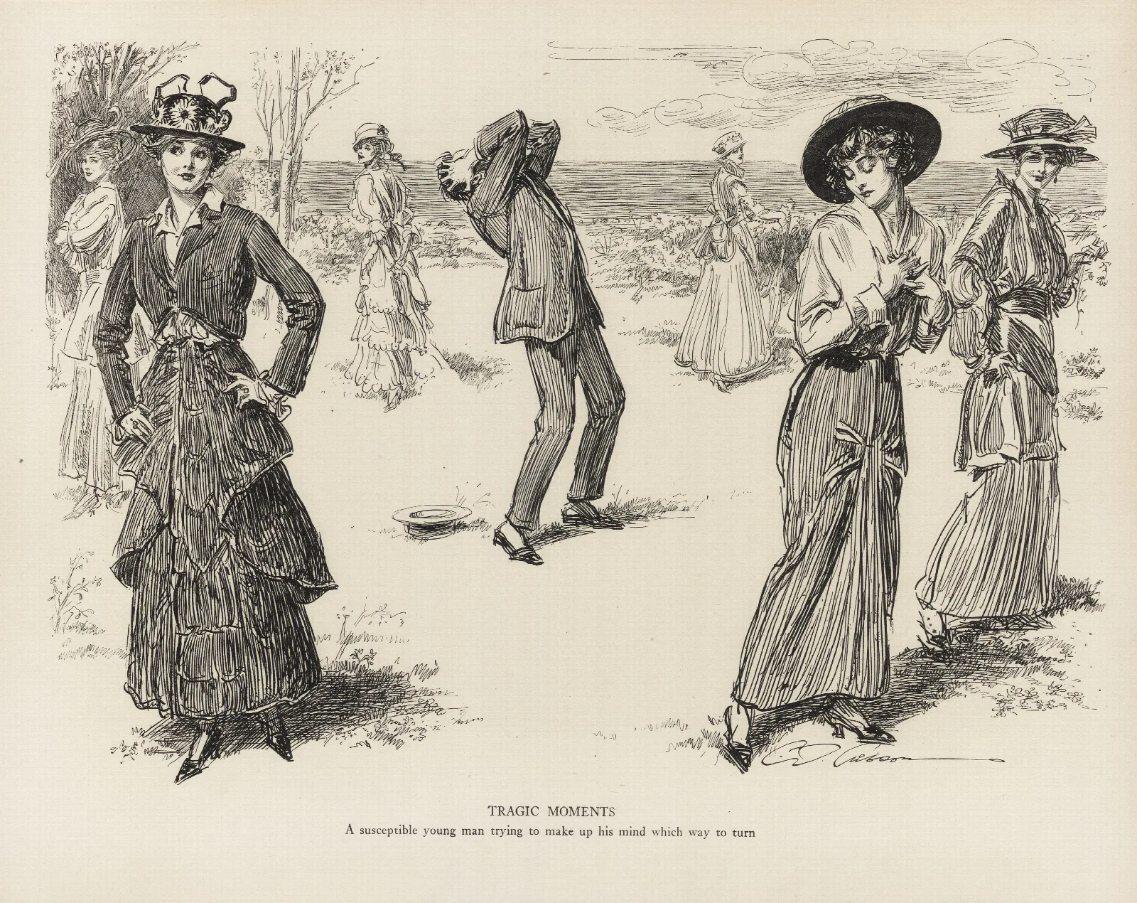 Tragic Moments A Susceptible Young Man Trying To Make Up His Mind Which Way To Turn Wall Art by Charles Dana Gibson - Canvas Print